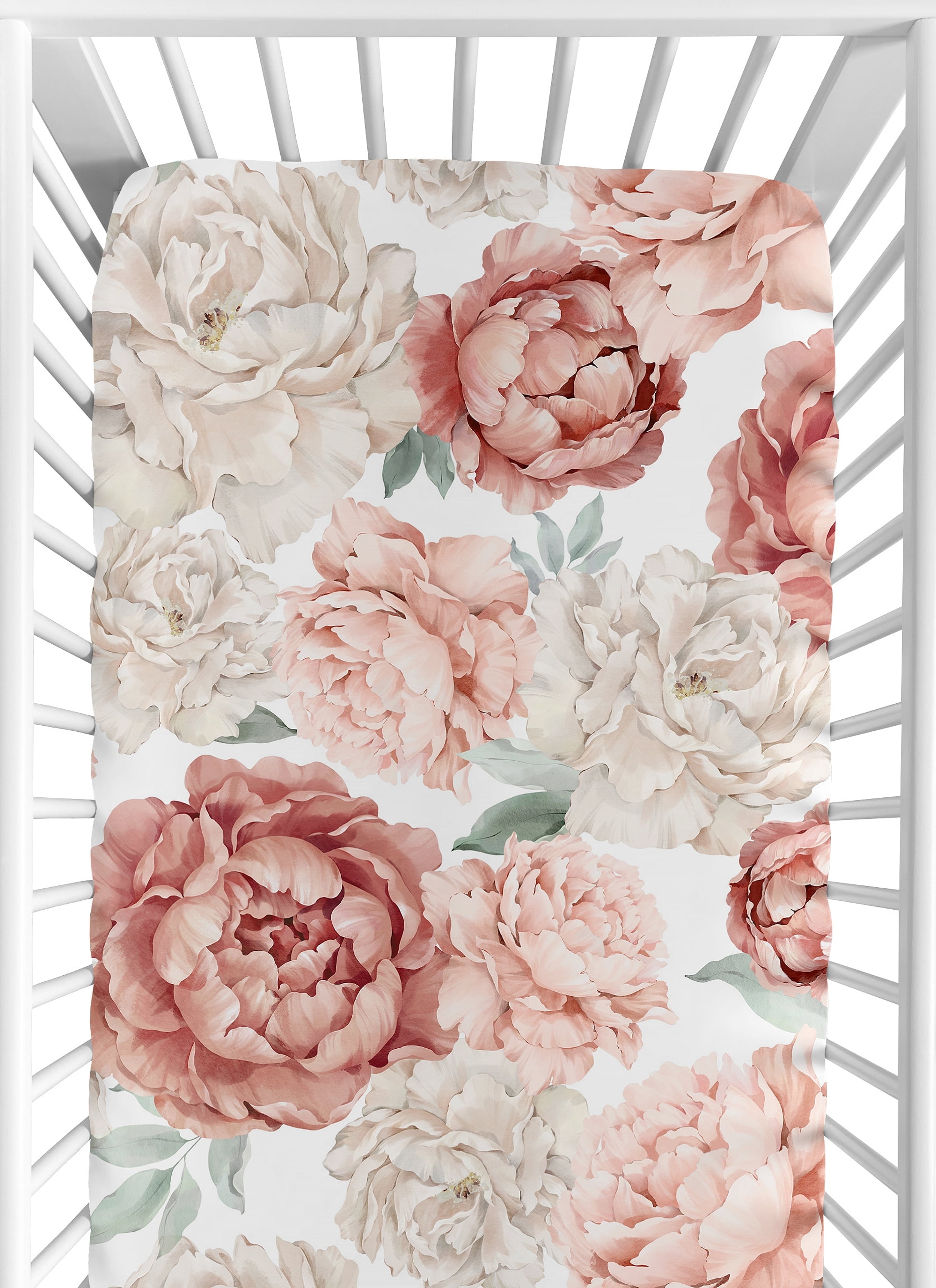 Sweet Jojo Designs Peony Floral Garden Pink and Ivory Fitted Crib Sheet