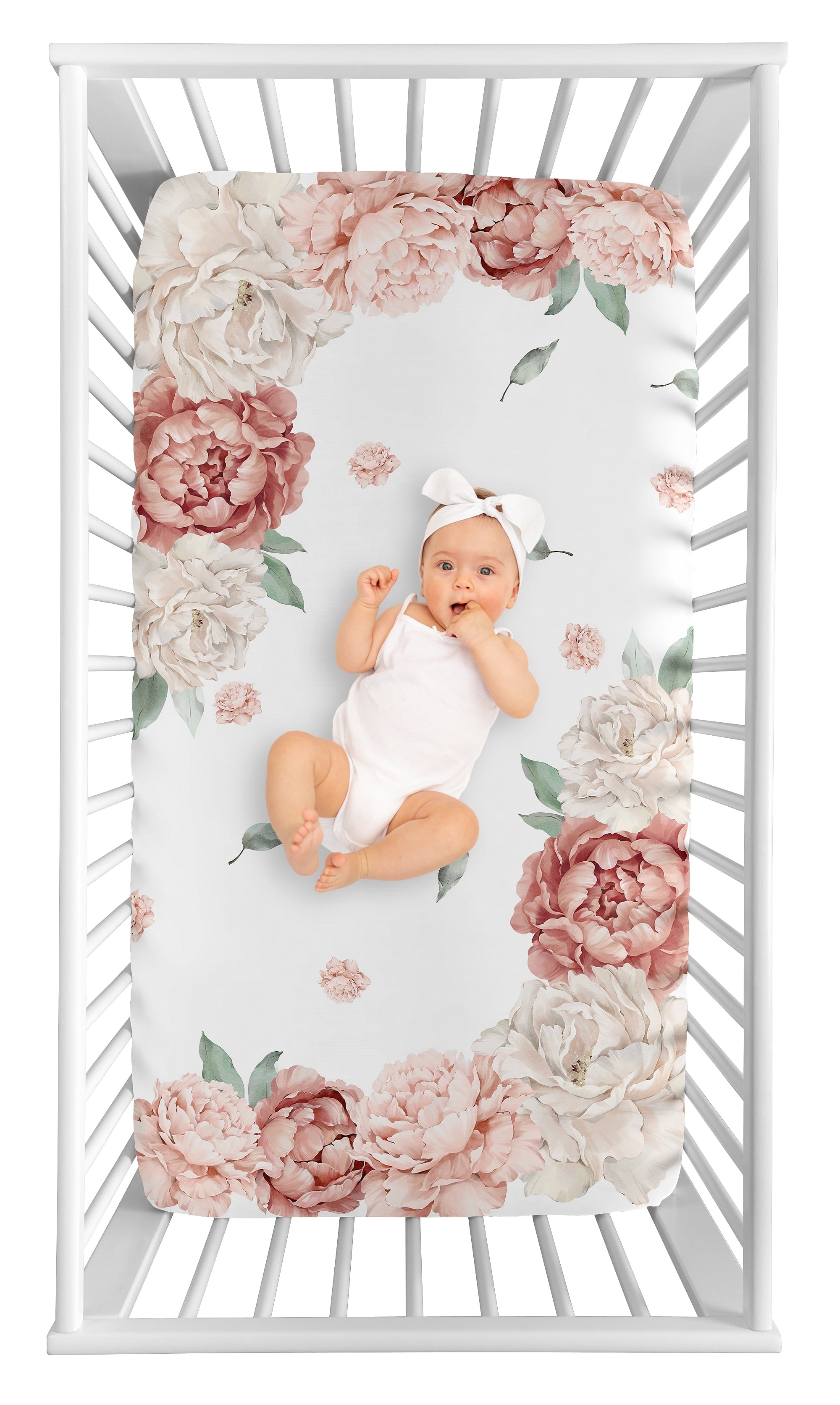 Sweet Jojo Designs Peony Floral Garden Pink and Ivory Photo Op Fitted Crib Sheet