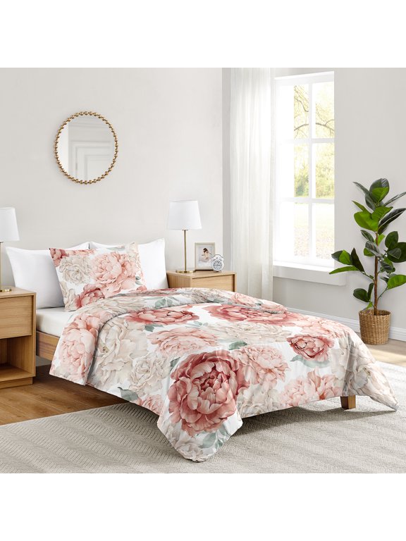 Peony Floral Garden Pink and Ivory Twin Bed Comforter Bedding Set Girl