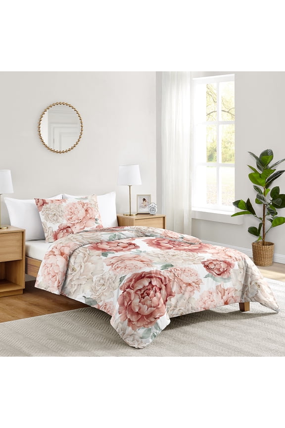 Peony Floral Garden Pink and Ivory Twin Bed Comforter Bedding Set Girl