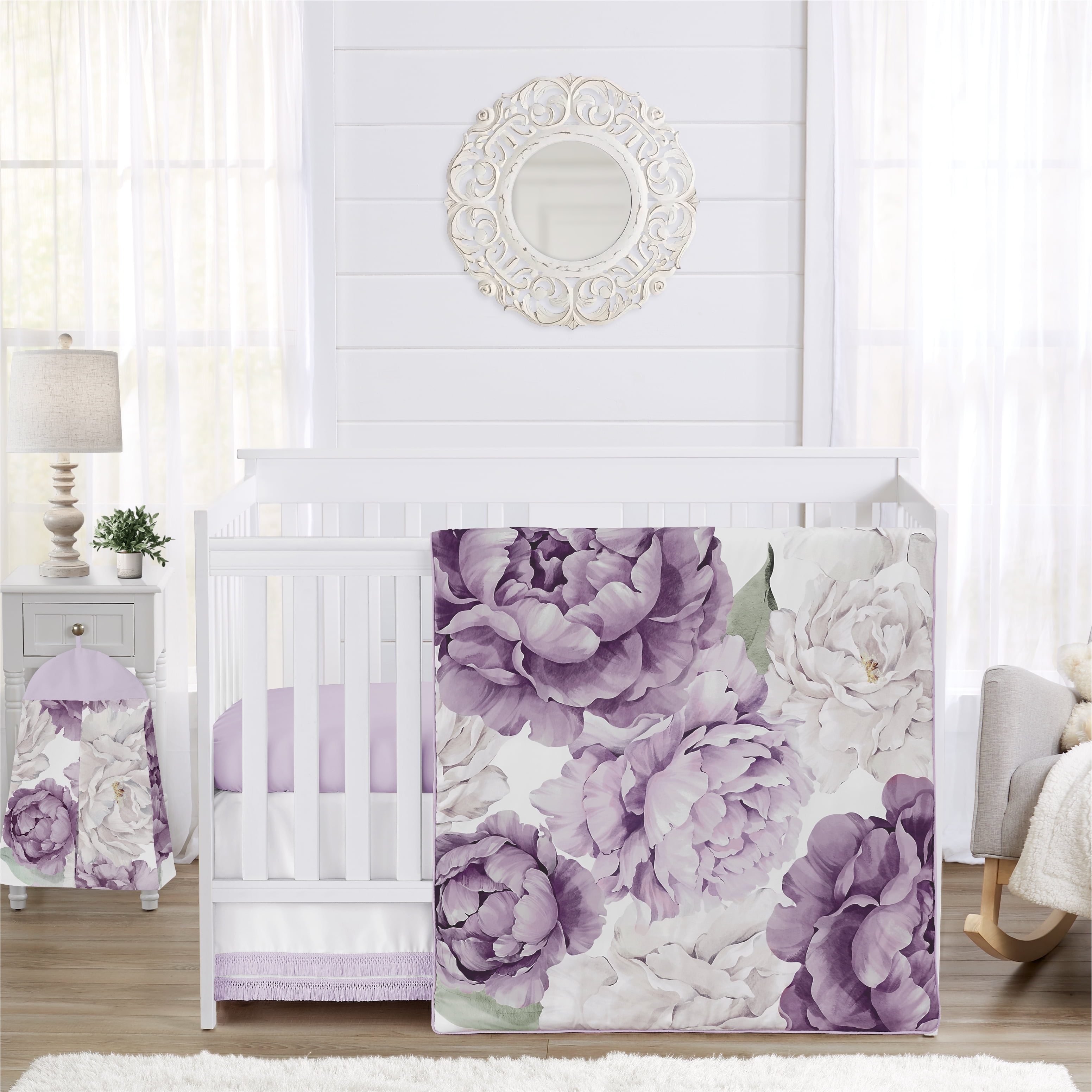 Sweet Jojo Designs Peony Floral Garden Purple Ivory 4 Piece Crib Bedding Set