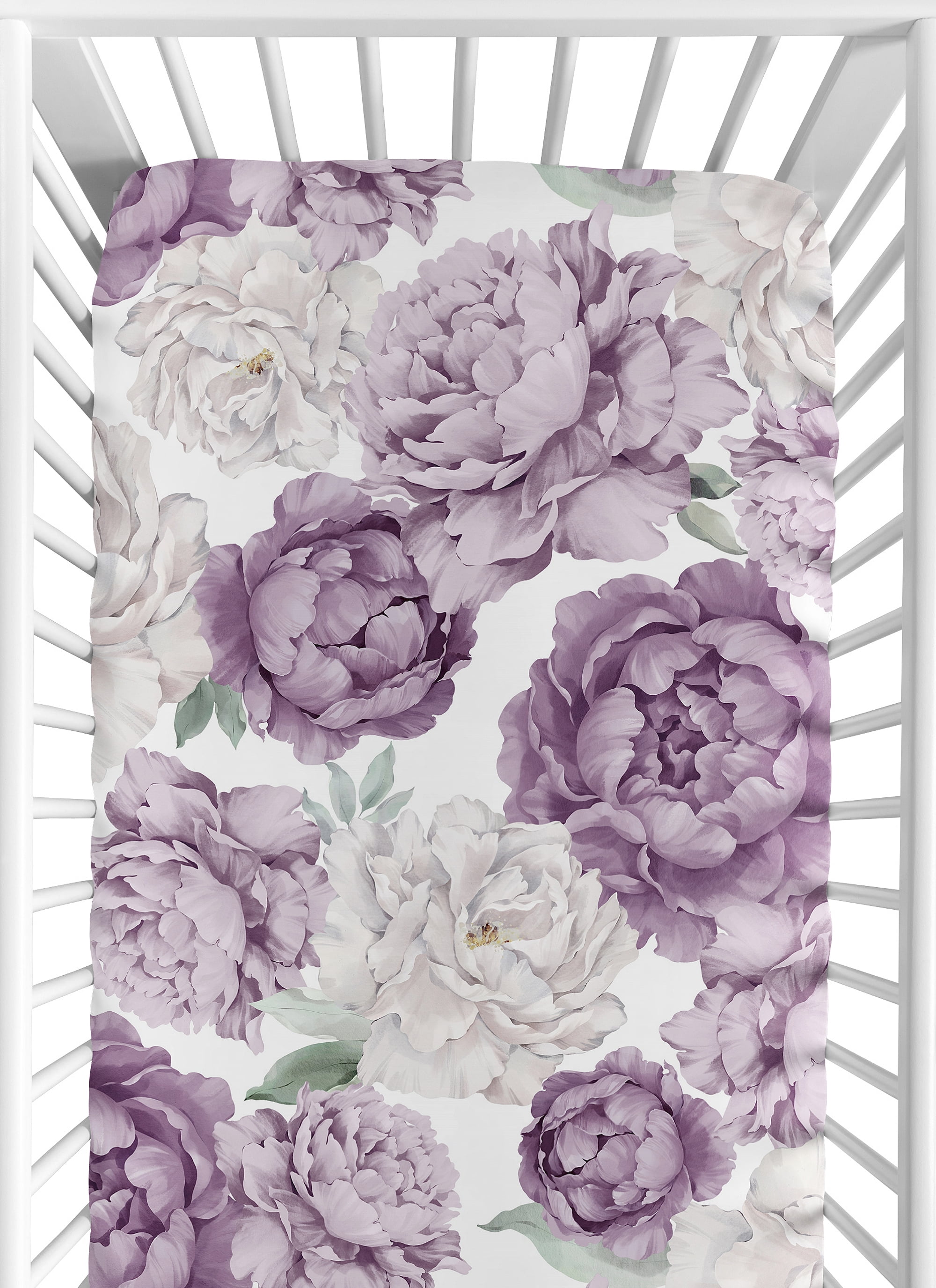 Sweet Jojo Designs Peony Floral Garden Purple Ivory Fitted Crib Sheet