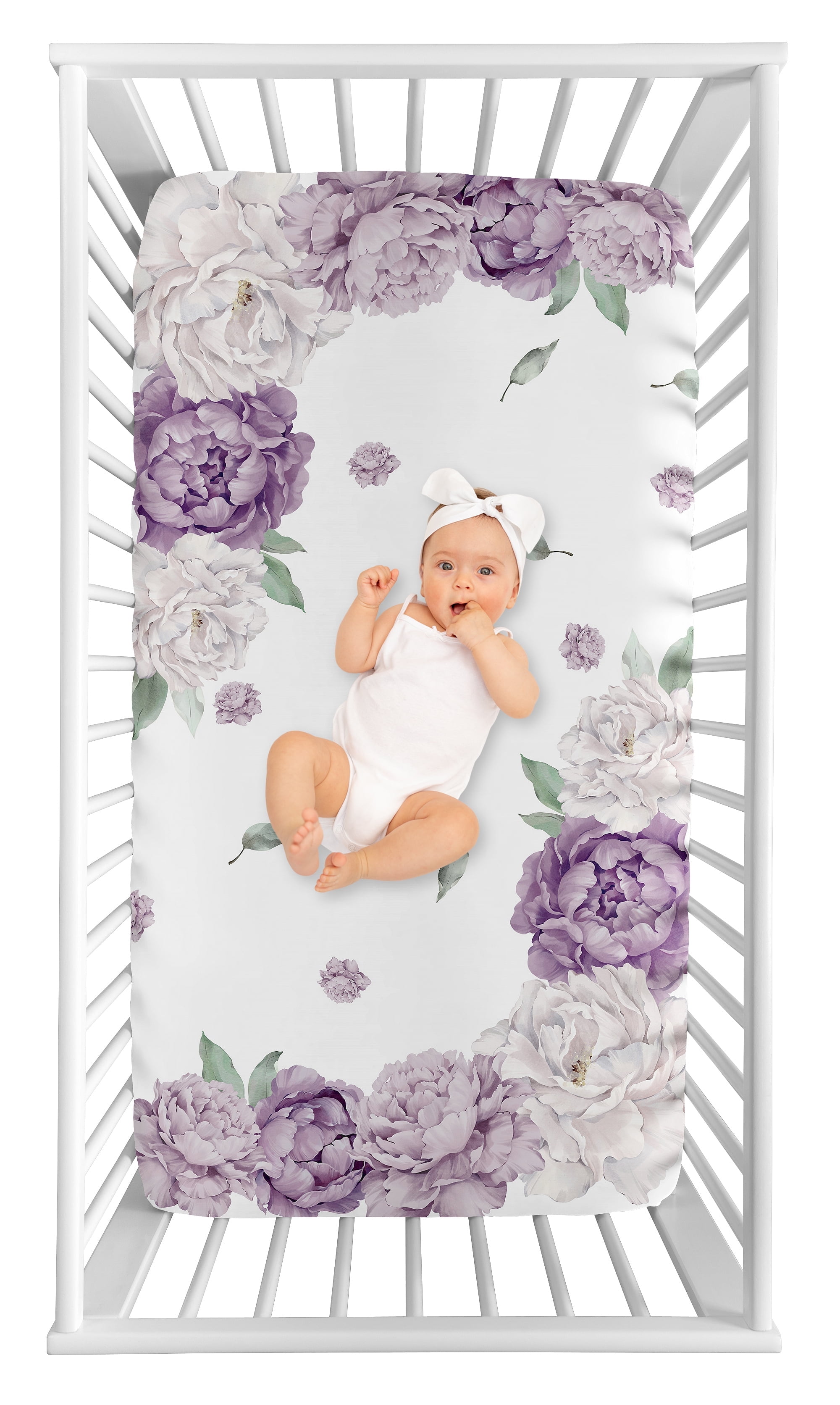 Sweet Jojo Designs Peony Floral Garden Purple Ivory Photo Op Fitted Crib Sheet