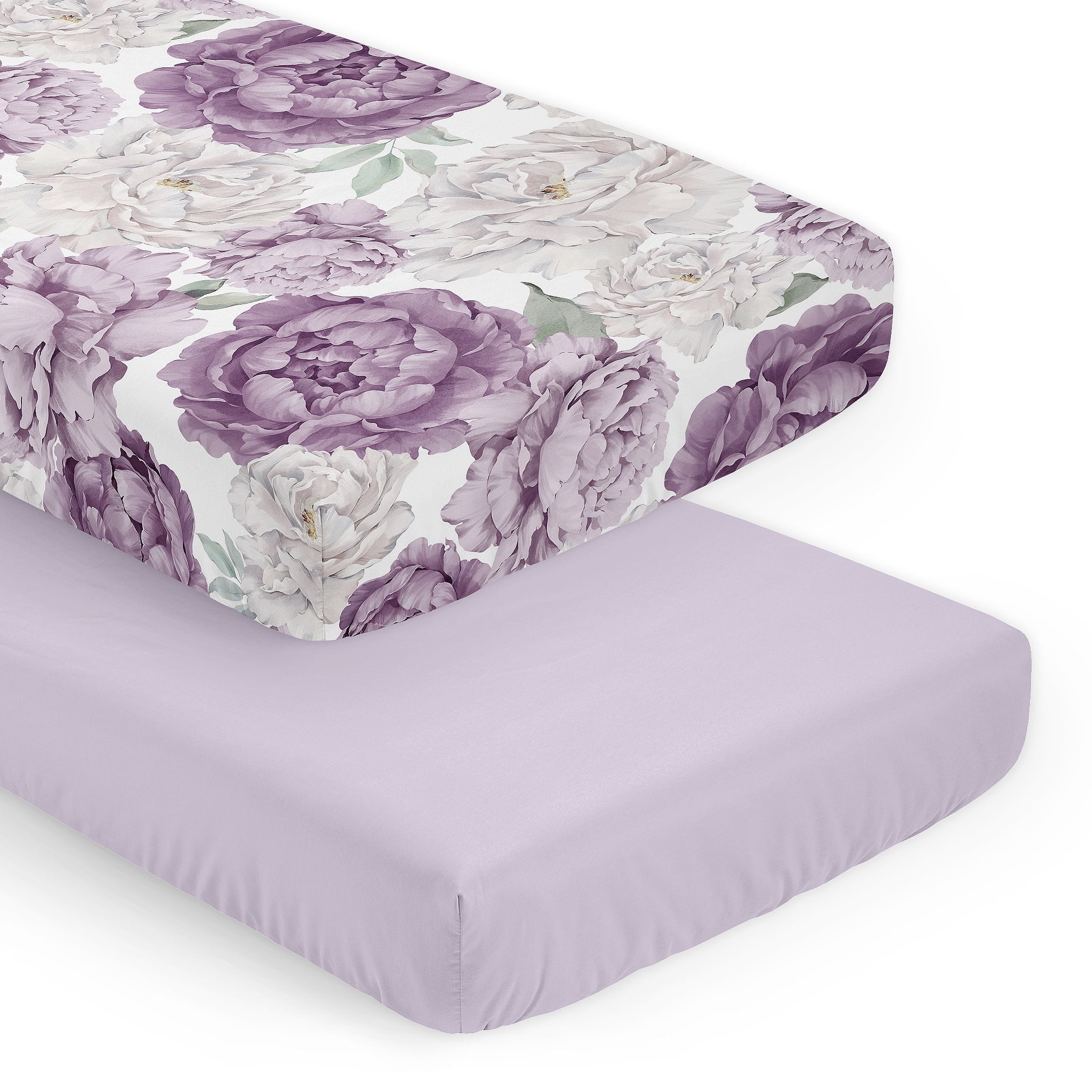 Sweet Jojo Designs Peony Floral Garden Purple Ivory and Green Fitted Crib Sheets 2 Piece Set