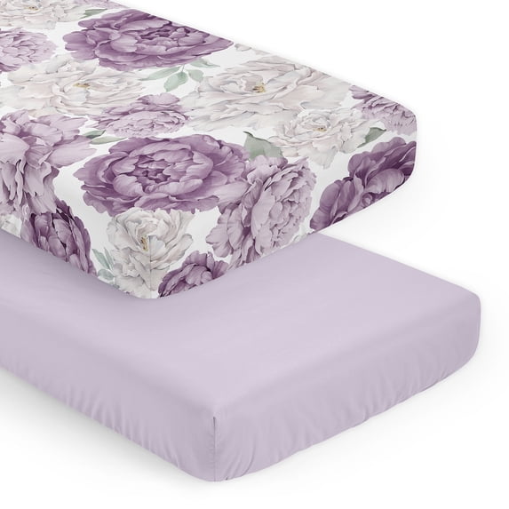Sweet Jojo Designs Peony Floral Garden Purple Ivory and Green Fitted Crib Sheets 2 Piece Set
