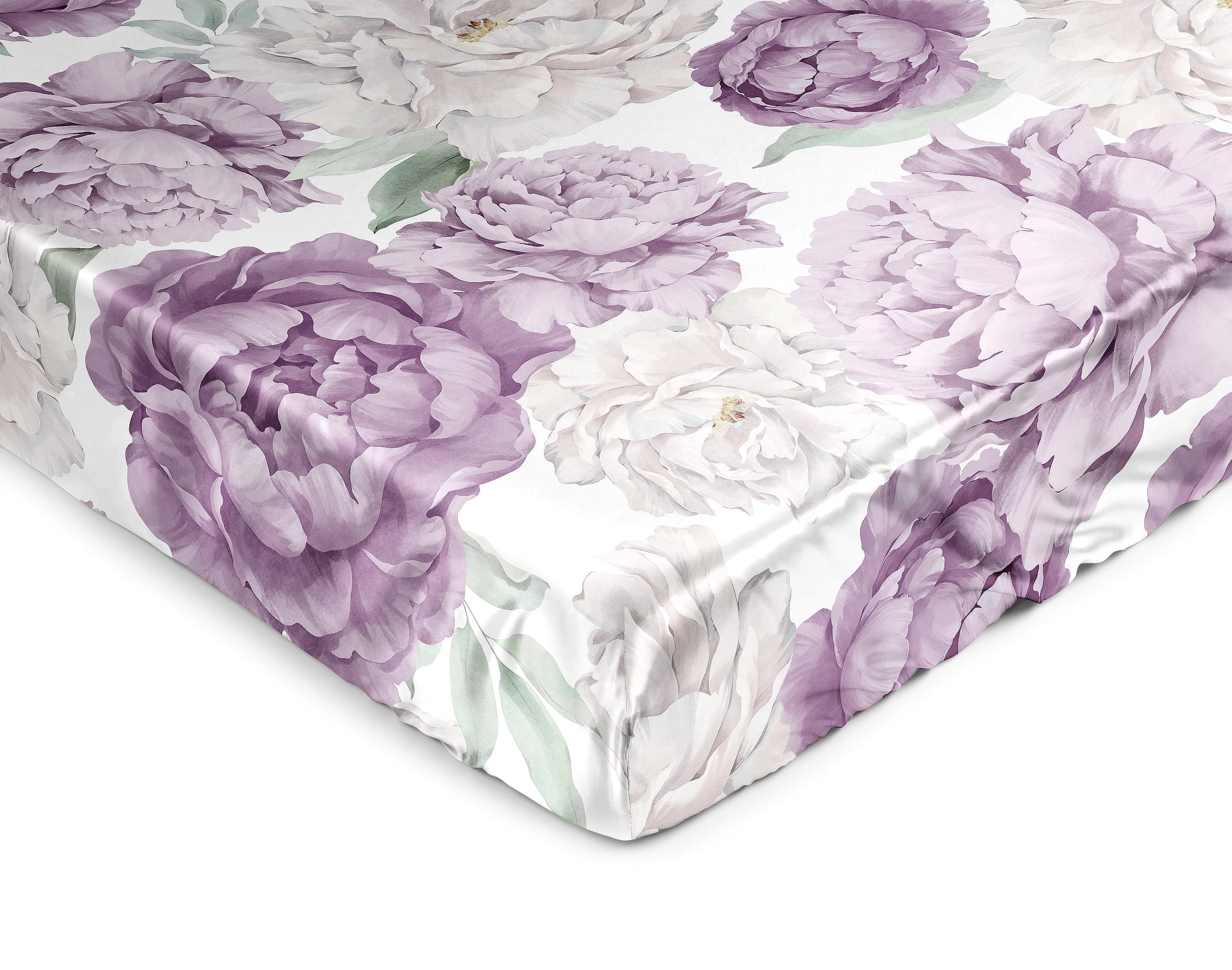 Sweet Jojo Designs Peony Floral Garden Purple Ivory and Green Satin Fitted Crib Sheet