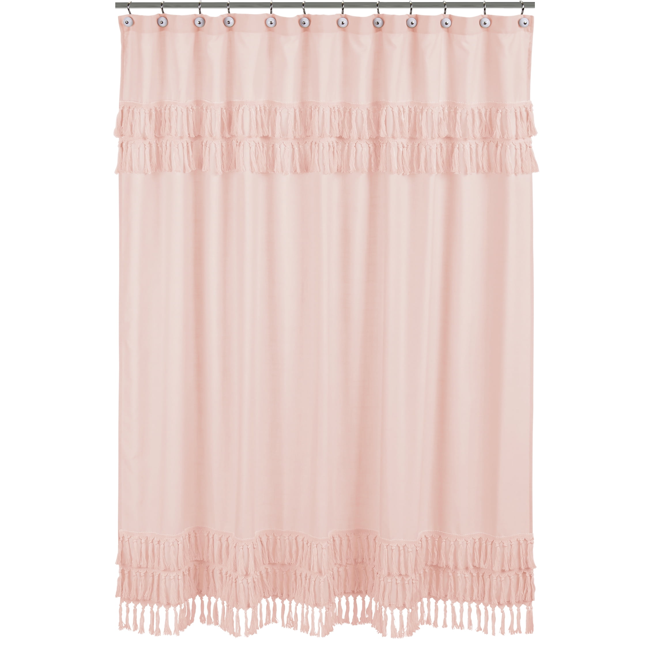 Pink Cotton Bohemian Shower Curtain with Tassel Fringe