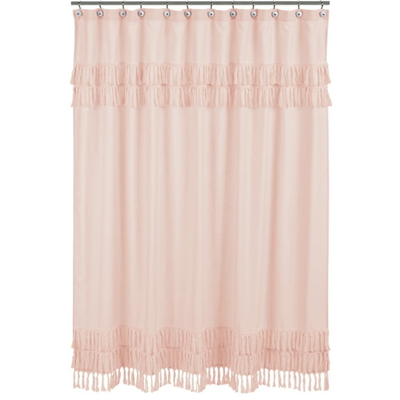 Sweet Jojo Designs Pink Boho Bohemian Bathroom Fabric Bath Shower Curtain - Solid Color Blush Shabby Chic Luxurious Luxury Elegant Vintage Designer Boutique Tassel Fringe