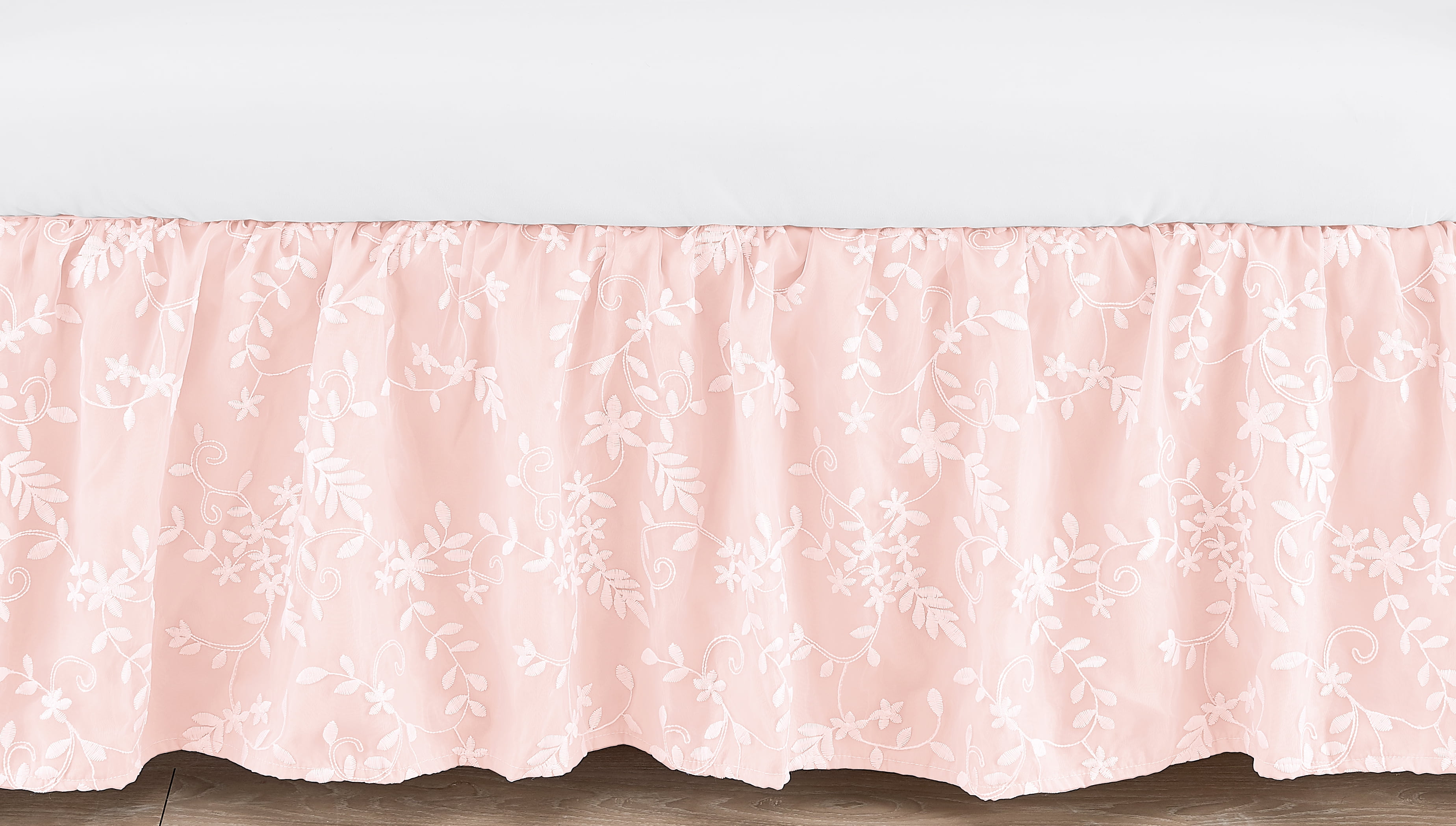 Blush Pink Floral Lace Crib Bed Skirt with Embroidery