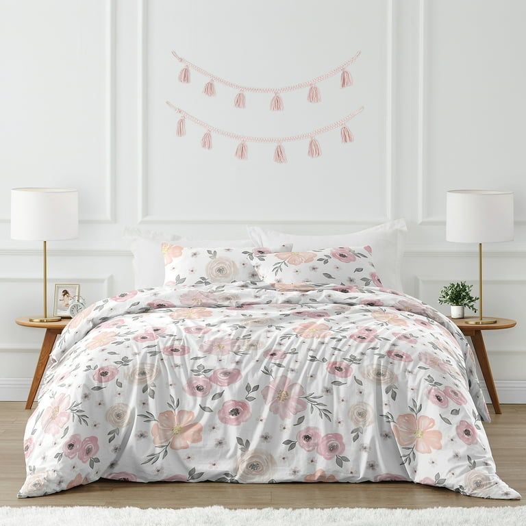 Sweet Jojo Designs Pink and Grey Watercolor Floral Collection 3 Piece Comforter Sets Full Queen with Pillow Shams