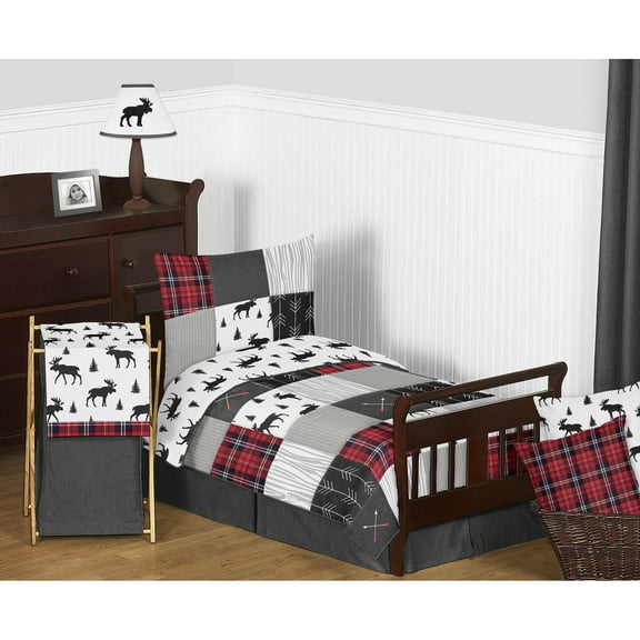 Sweet Jojo Designs Rustic Patch Red Black and Grey Toddler Bed Comforter 5 Piece Bedding Set