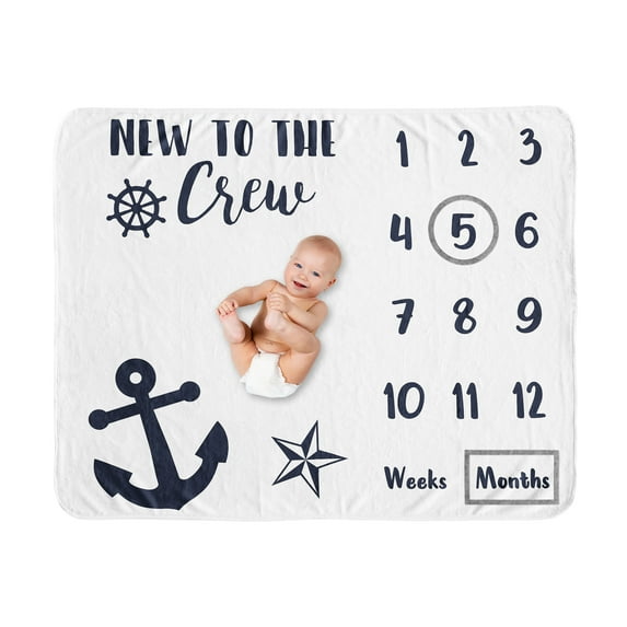 Sweet Jojo Designs Sailor Blue and White Fleece Milestone Baby Blanket 3 Piece Set