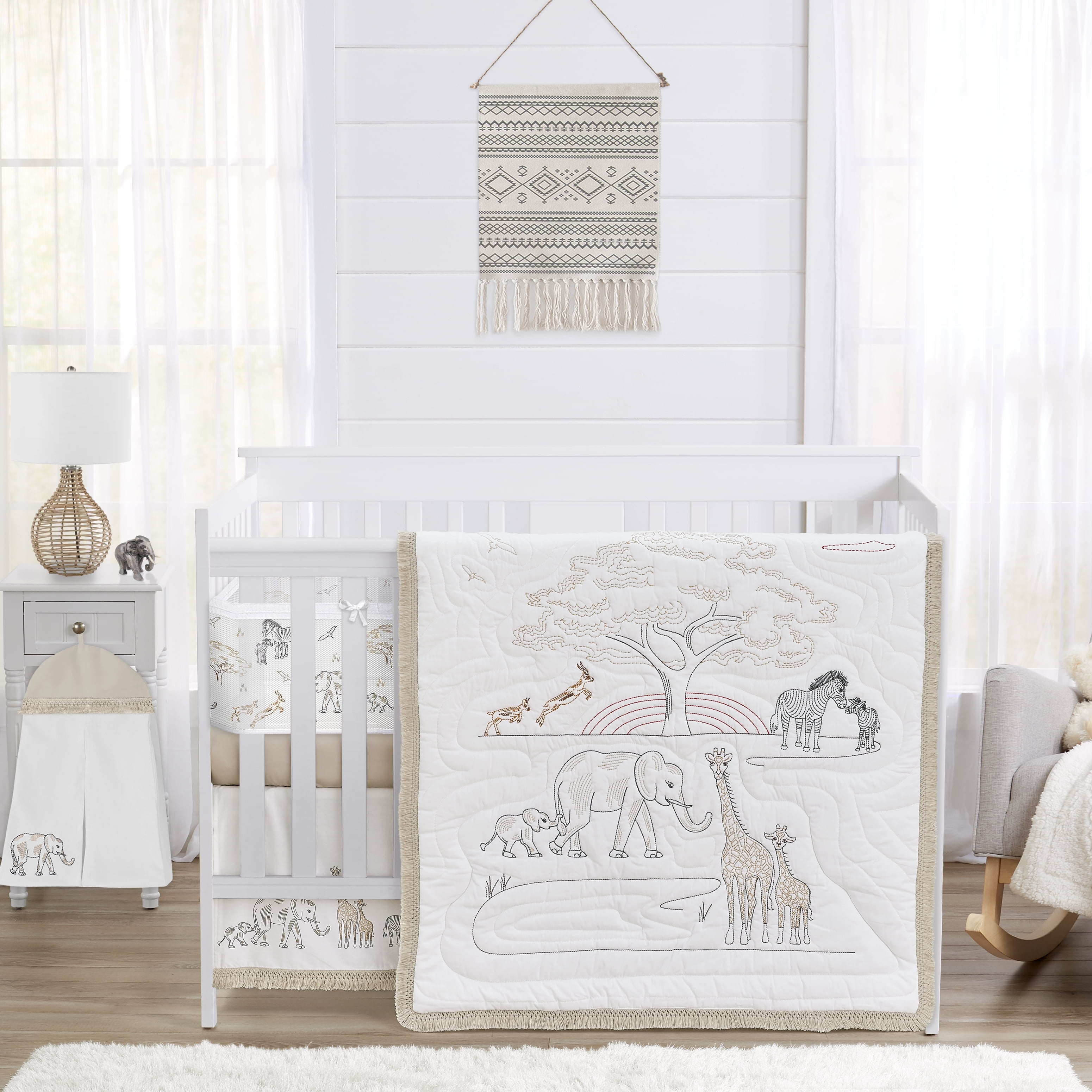 Sweet Jojo Designs Serengeti Animals Beige White Crib Bedding + BreathableBaby Breathable Mesh Liner Pad
