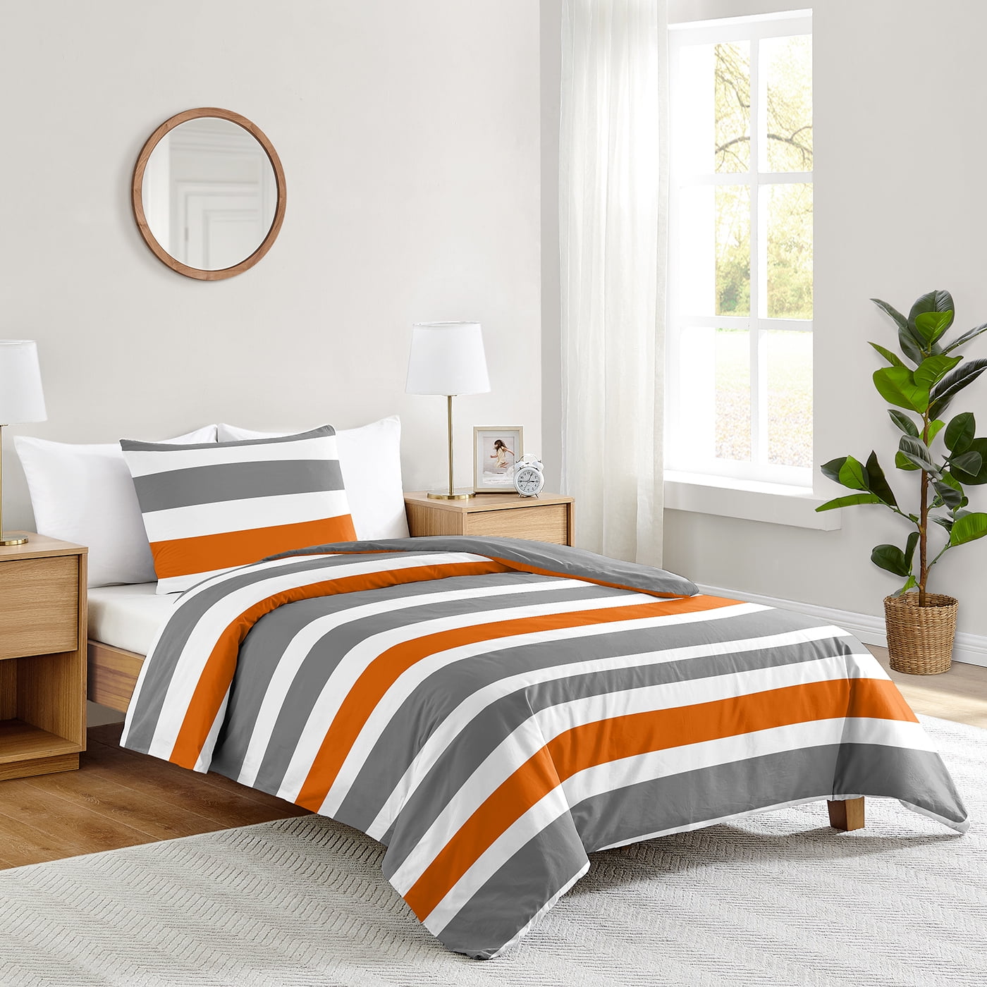 Gray and Orange Striped Twin Microfiber Comforter Set