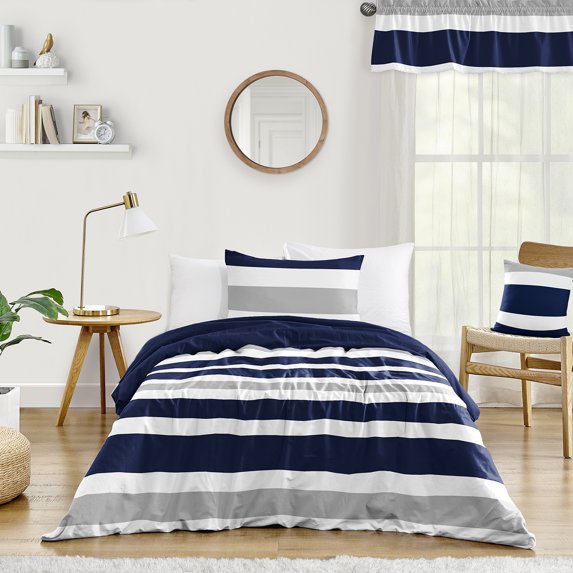 Sweet Jojo Designs Stripe Navy and Gray Boy, Girl, Unisex/Gender Neutral Twin Duvet Cover Bedding Set 2 Piece