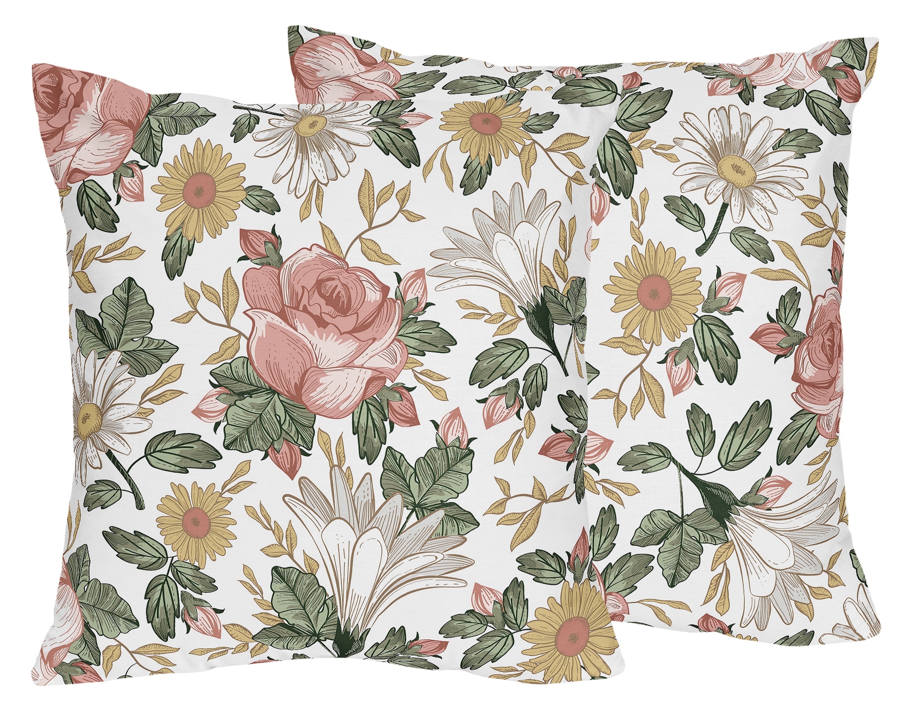 Vintage Floral Pink Green Yellow Microfiber Square Throw Pillows Set