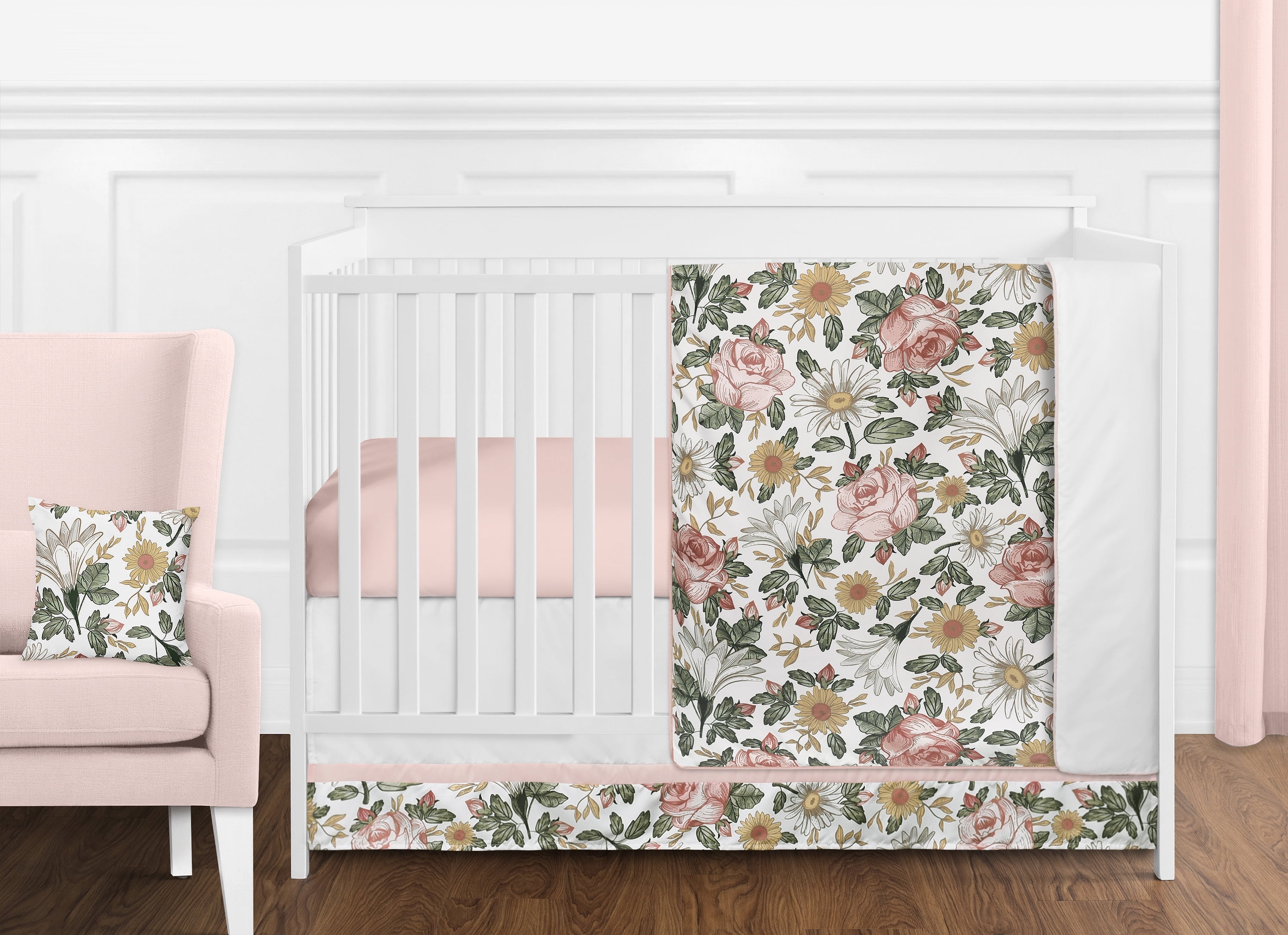 Sweet Jojo Designs Vintage Floral Pink Green and Yellow 11 Piece Crib Bedding Set
