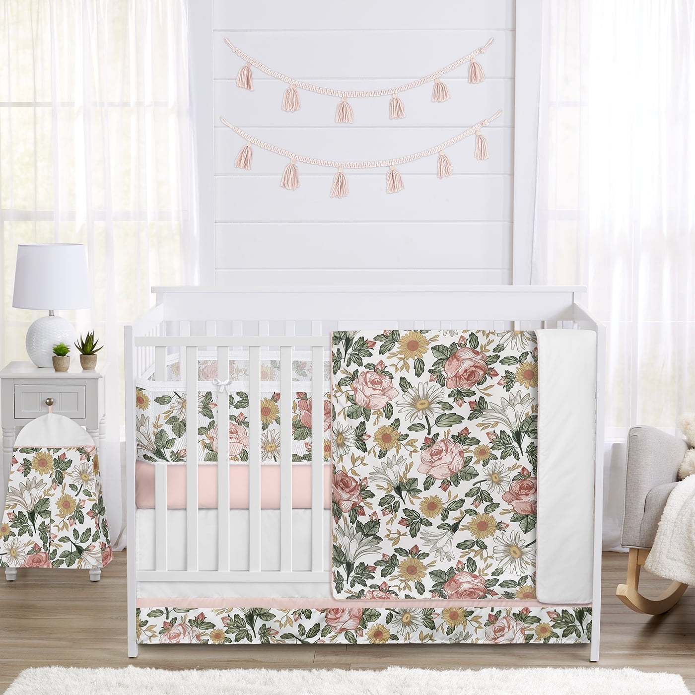Sweet Jojo Designs Vintage Floral Pink Green and Yellow Crib Bedding + BreathableBaby Breathable Mesh Liner Pad