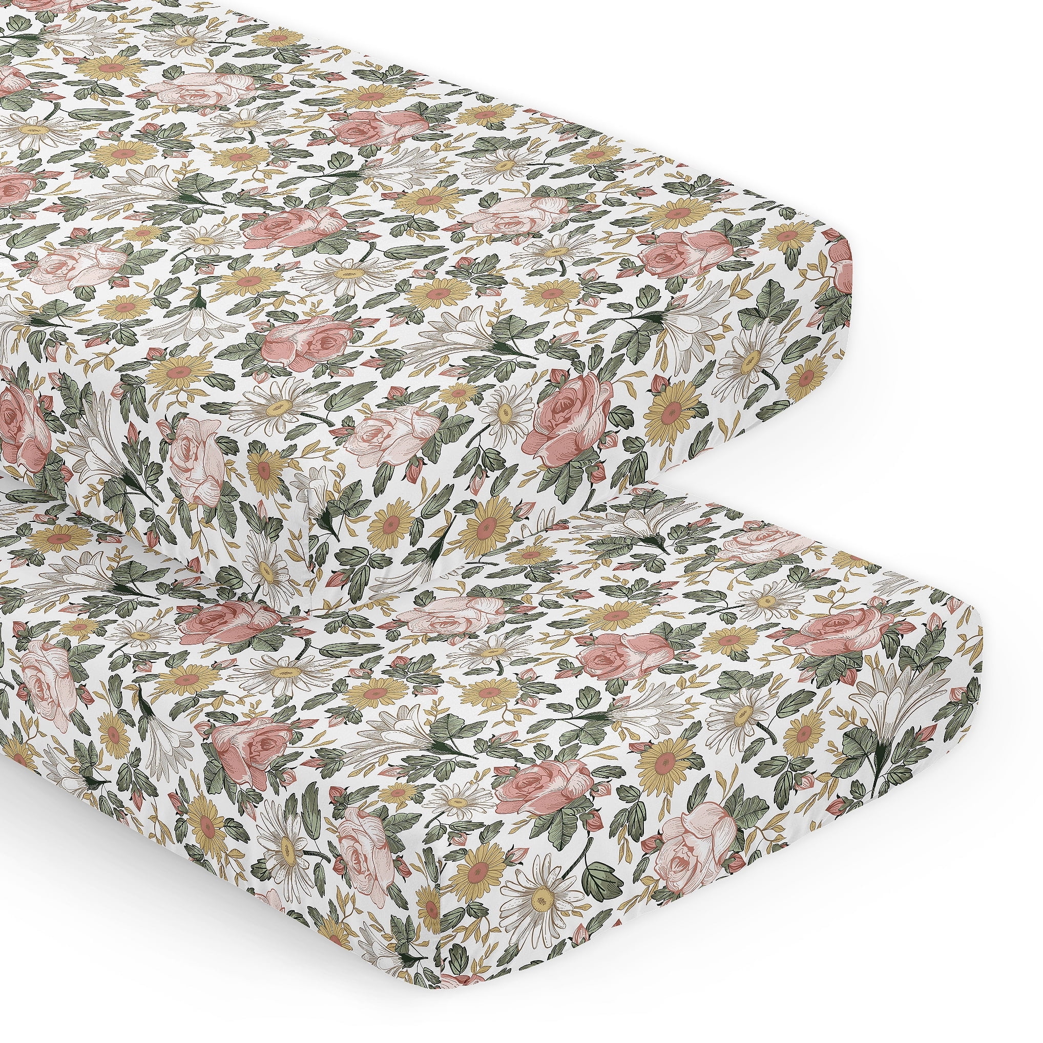 Sweet Jojo Designs Vintage Floral Pink Green and Yellow Fitted Crib Sheets 2 Piece Set