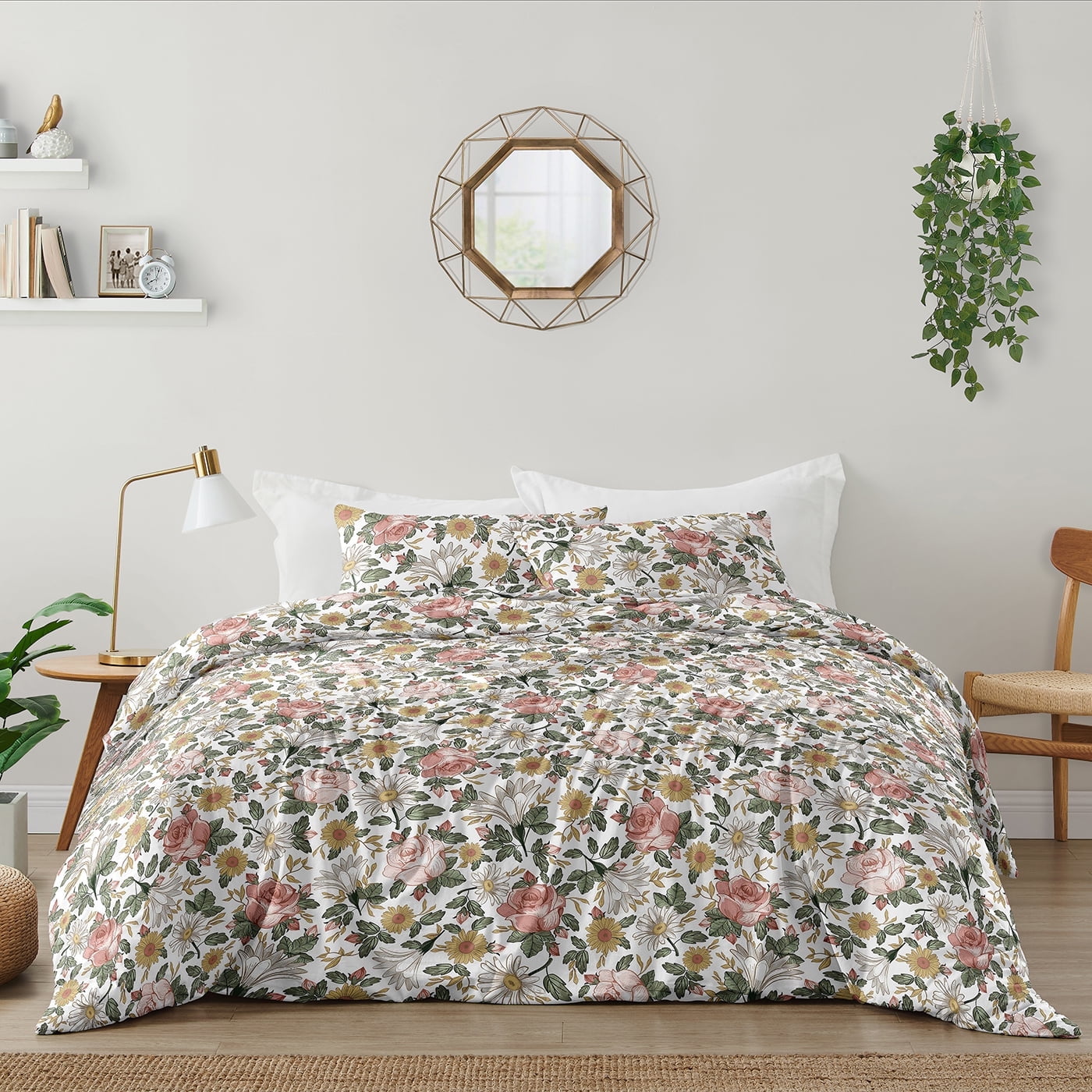 Pink and Green Floral Microfiber Full Bedding Set