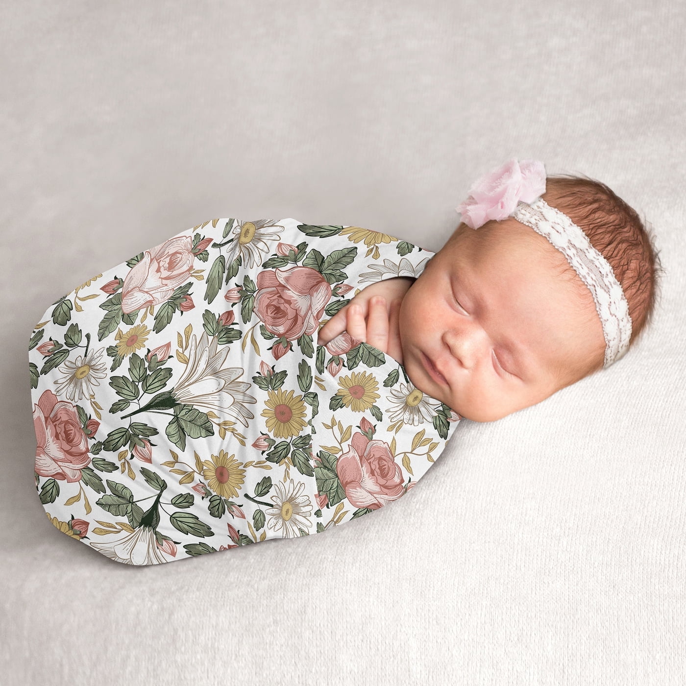 Sweet Jojo Designs Vintage Floral Pink Green and Yellow Swaddle Blanket