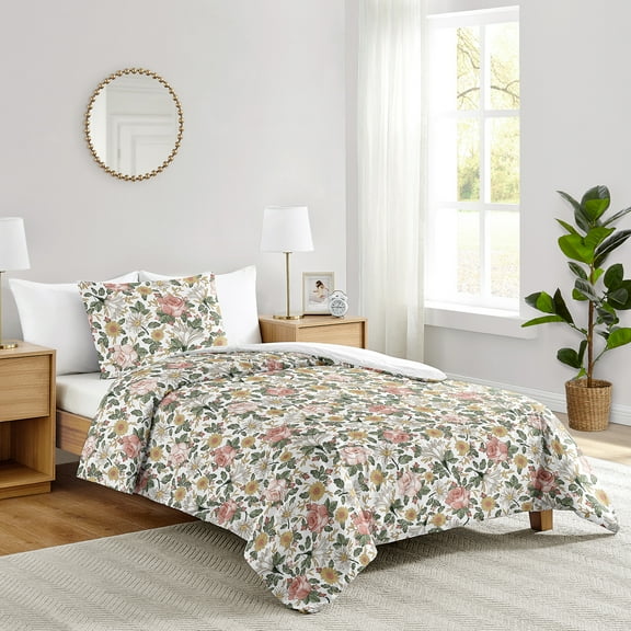 Sweet Jojo Designs Pink and Green Vintage Floral Rose Twin Bed Comforter Bedding Set