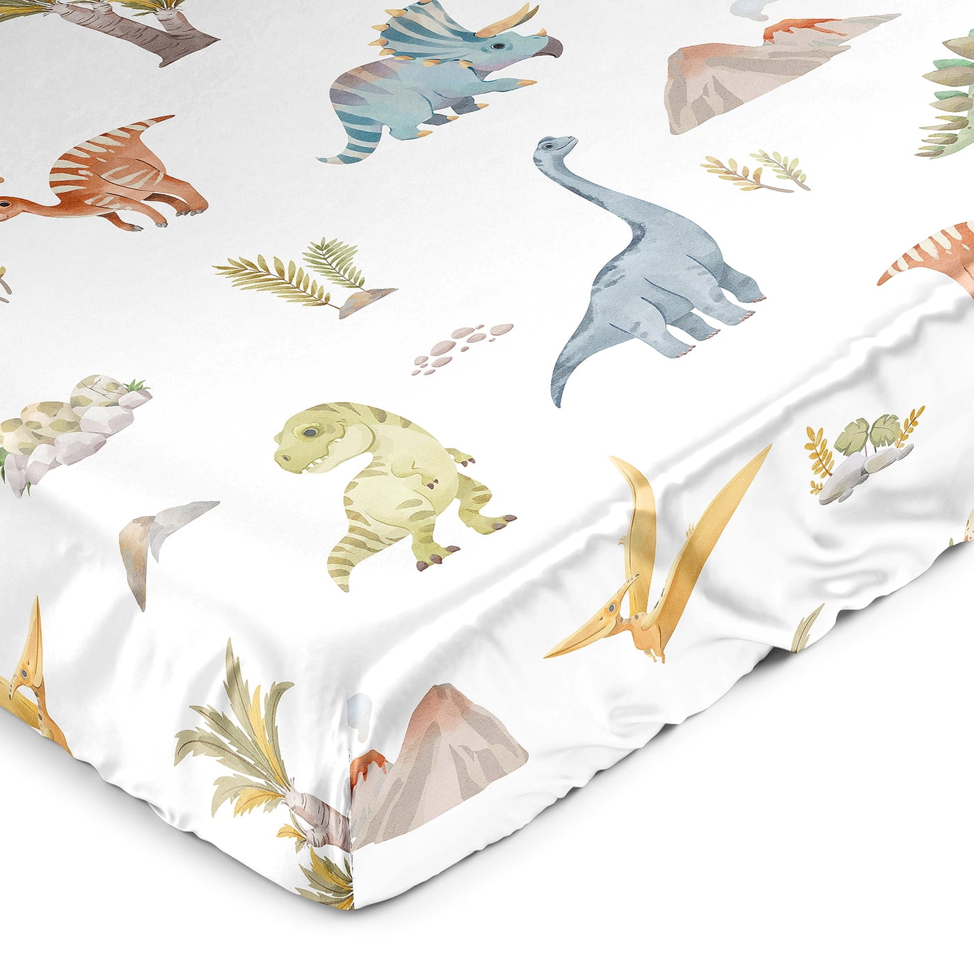 Sweet Jojo Designs Watercolor Dinosaur Dino Boy Satin Fitted Crib Sheet