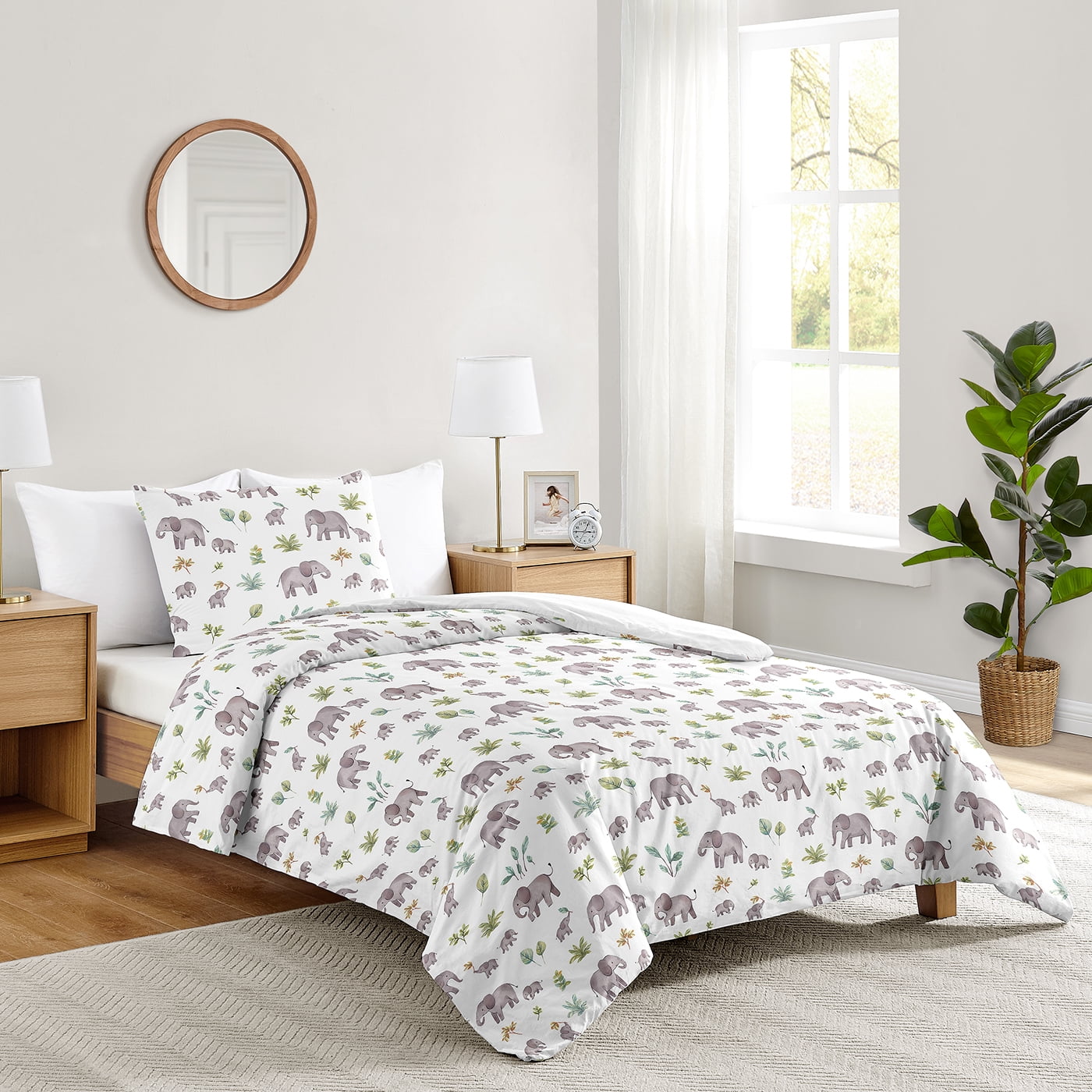 Gray Microfiber Twin Kids Bedding Set with Elephant Print