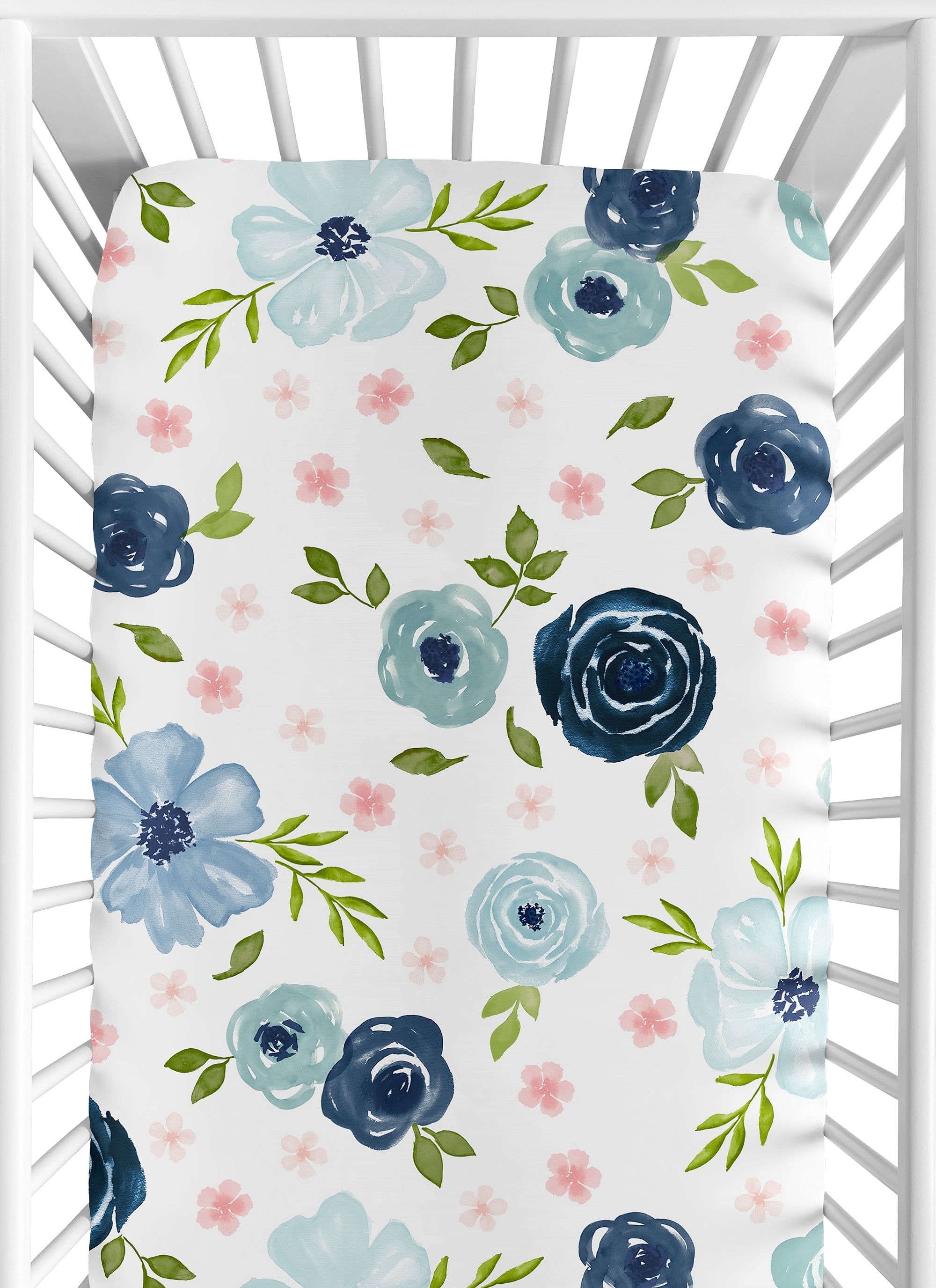 Sweet Jojo Designs Watercolor Floral Blue Pink White Fitted Crib Sheet