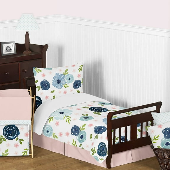 Sweet Jojo Designs Watercolor Floral Blue Pink White Toddler Bed Comforter 5 Piece Bedding Set