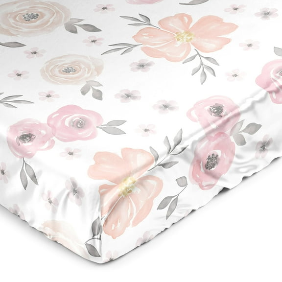 Sweet Jojo Designs Watercolor Floral Blush Pink Grey White Gray Satin Fitted Crib Sheet