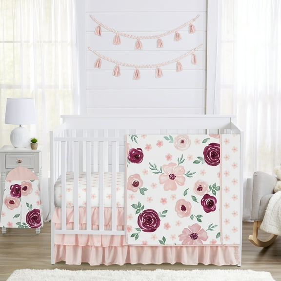 Sweet Jojo Designs Watercolor Floral Burgundy Pink and White 4 Piece Crib Bedding Set