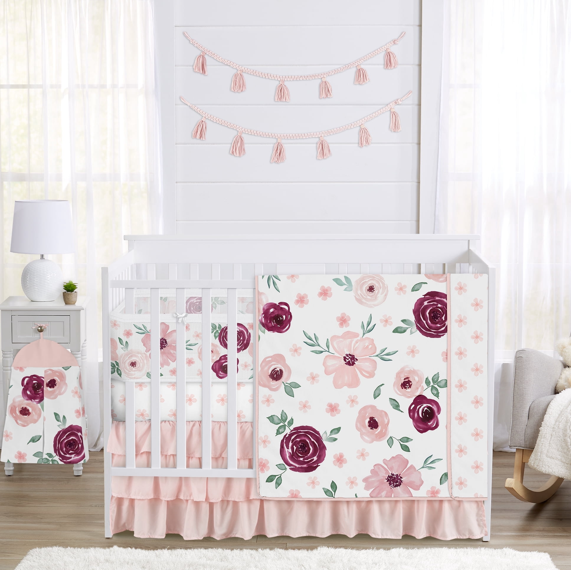 Sweet Jojo Designs Watercolor Floral Burgundy Wine and Pink Girl Crib Bedding + BreathableBaby Breathable Mesh Liner