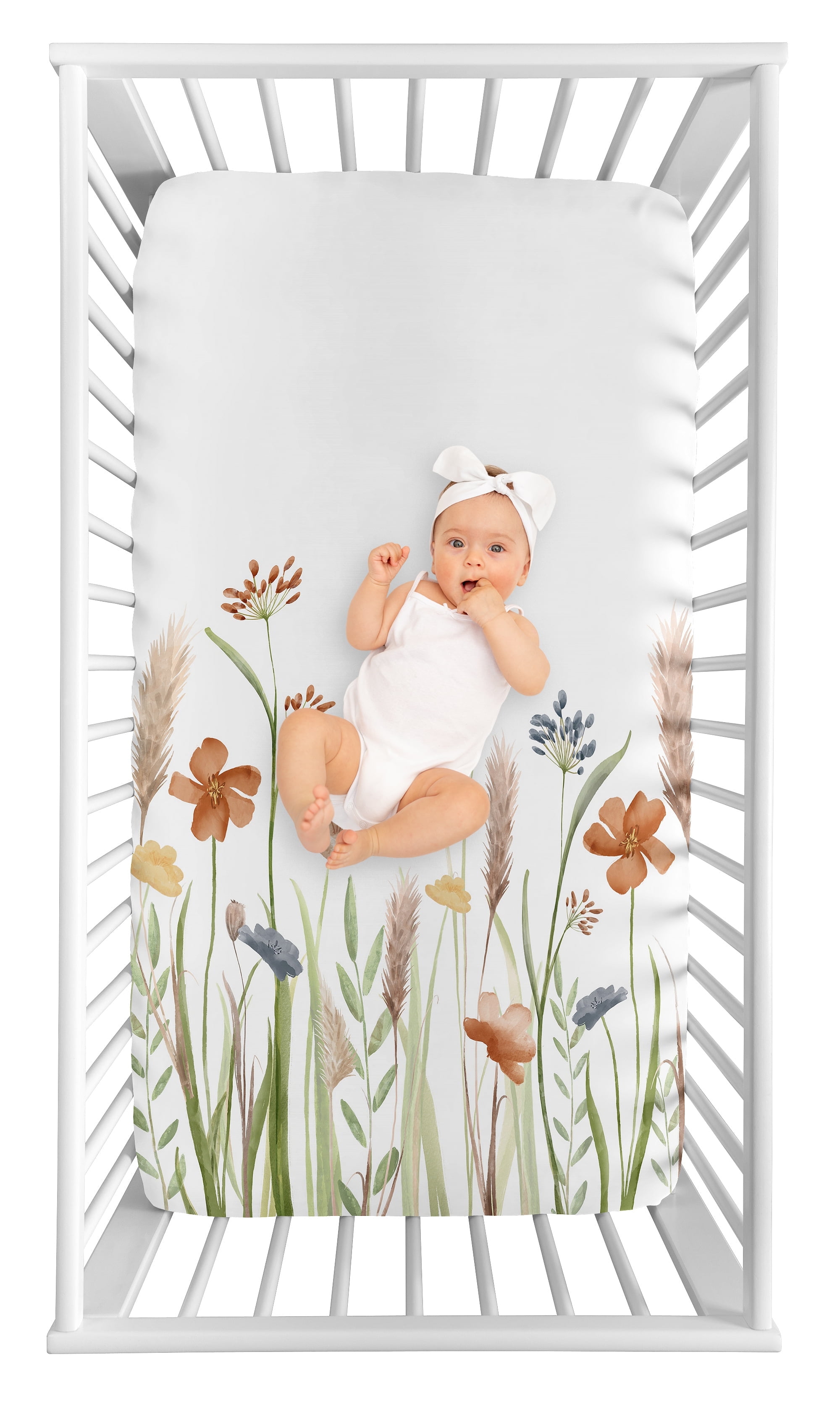 Sweet Jojo Designs Watercolor Floral Garden Green Beige and Blue Photo Op Fitted Crib Sheet