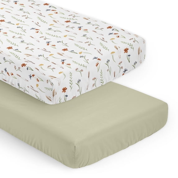 Sweet Jojo Designs Watercolor Floral Garden Green Orange and Beige Fitted Crib Sheets 2 Piece Set