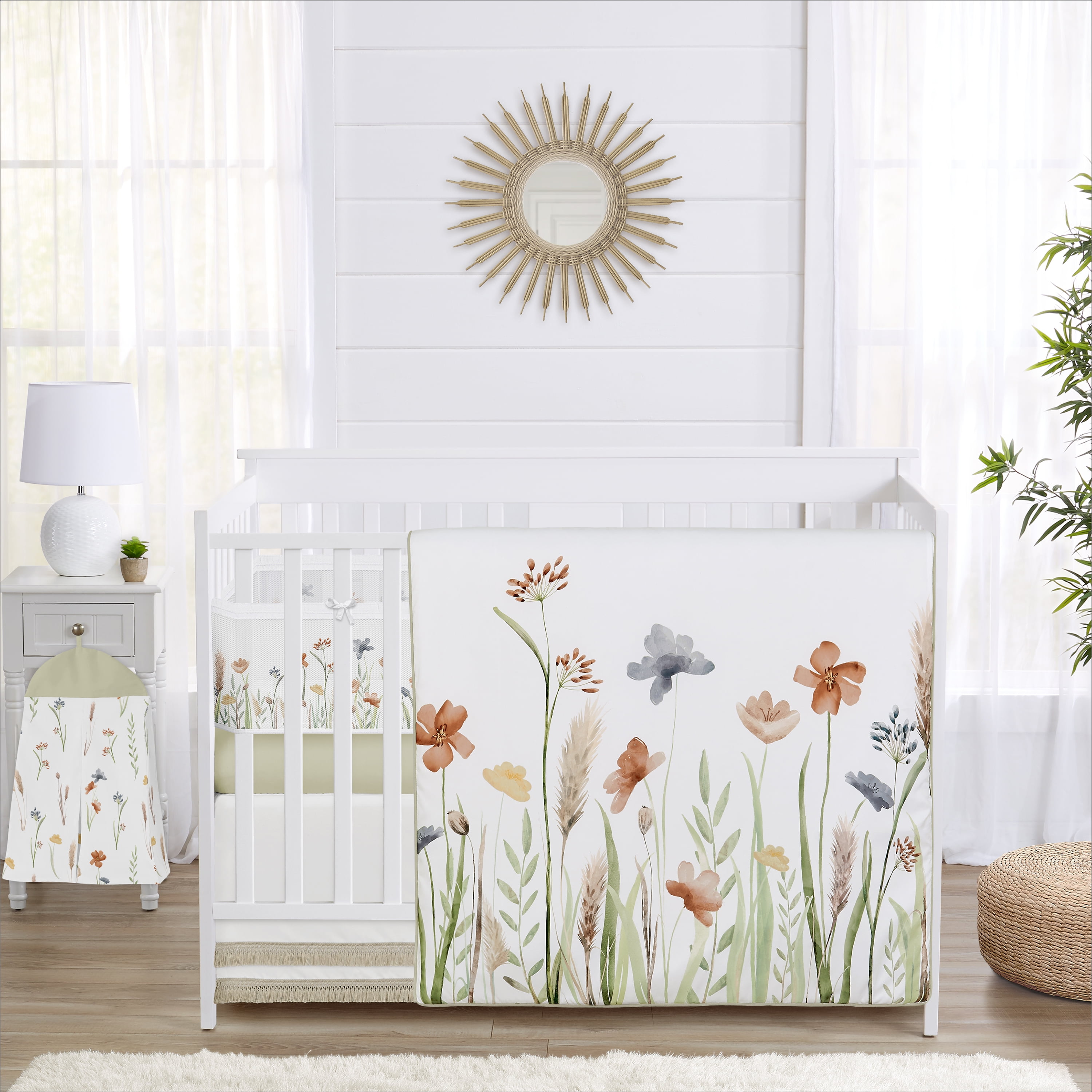 Sweet Jojo Designs Watercolor Floral Garden Sage Green Girl Crib Bedding + BreathableBaby Breathable Mesh Liner