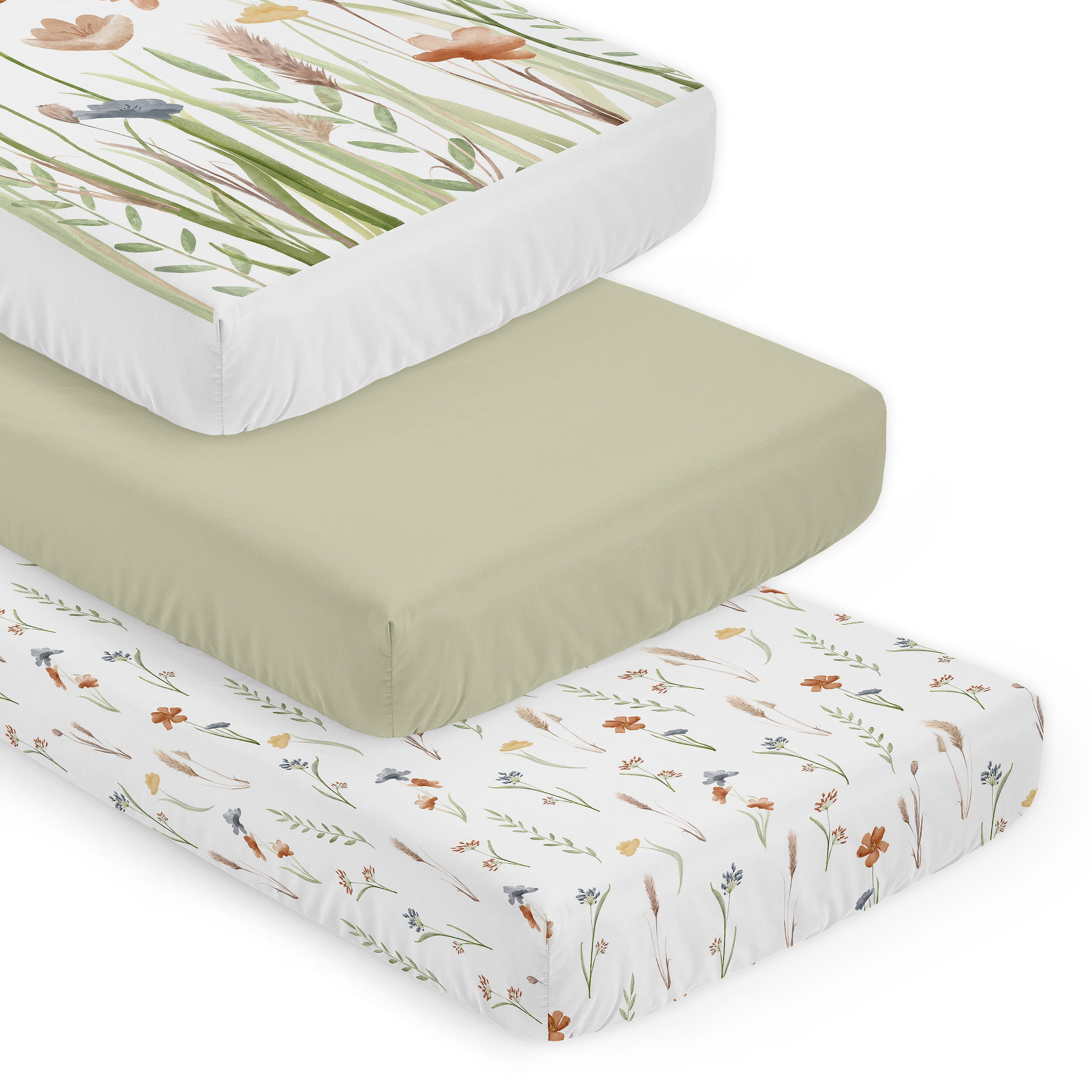 Sweet Jojo Designs Watercolor Floral Garden Sage Green Girl Fitted Crib Sheets Set 3 Piece