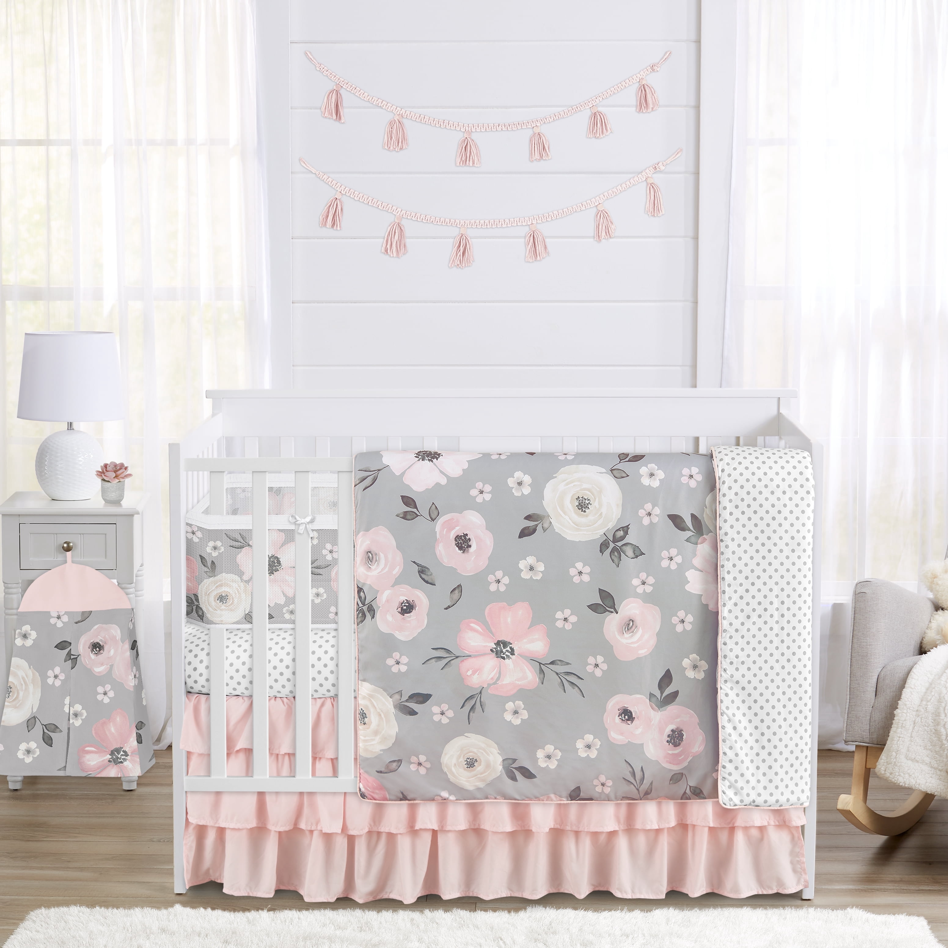 Sweet Jojo Designs Watercolor Floral Grey Girl Crib Bedding + BreathableBaby Breathable Mesh Liner