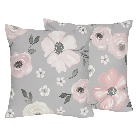 Sweet Jojo Designs Watercolor Floral Grey Girl Square Decorative Throw Pillow Covers Set 2 Piece 18in.