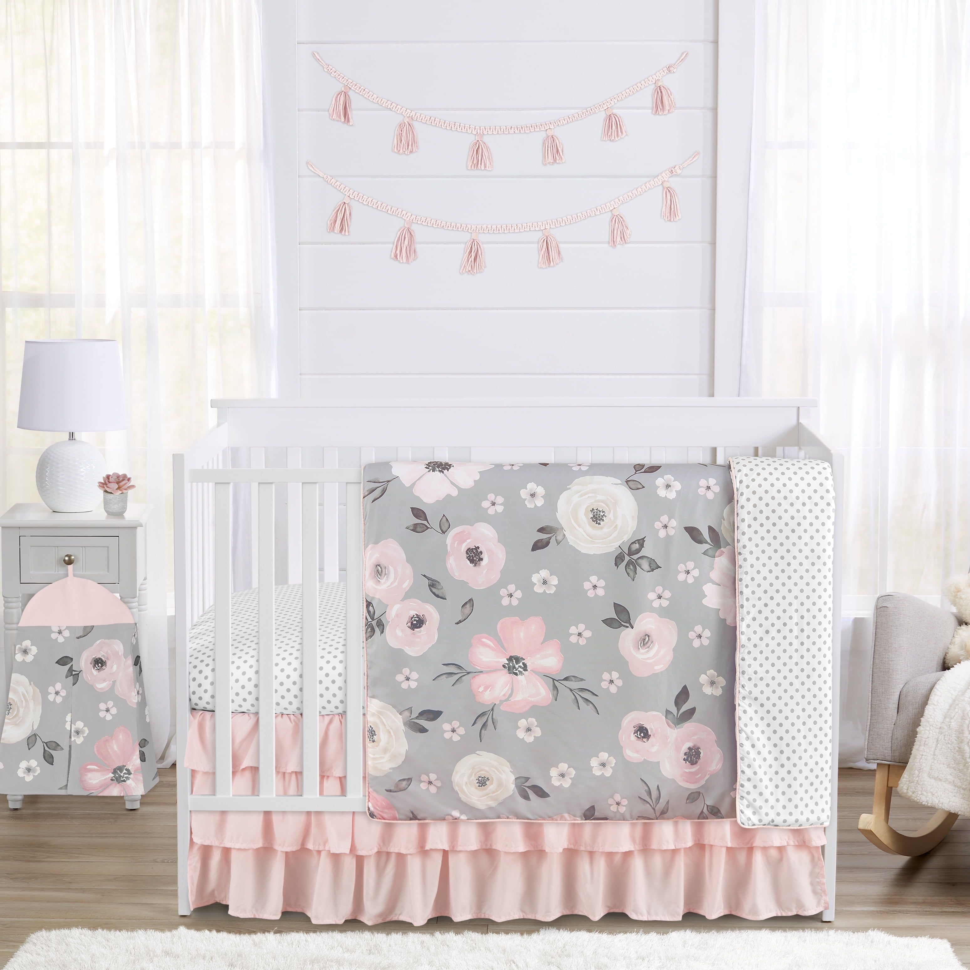 Sweet Jojo Designs Watercolor Floral Grey and Pink 4 Piece Crib Bedding Set