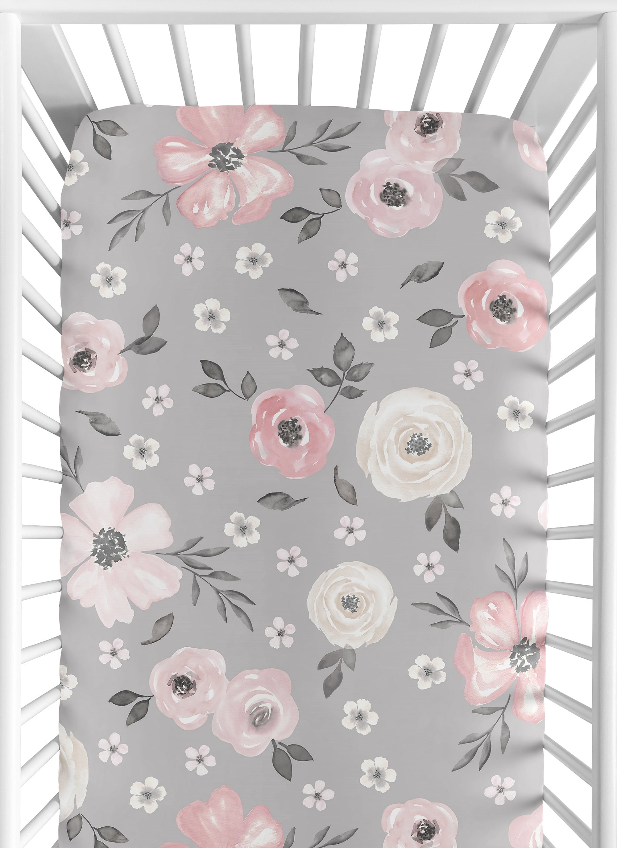 Sweet Jojo Designs Watercolor Floral Grey and Pink Fitted Crib Sheet