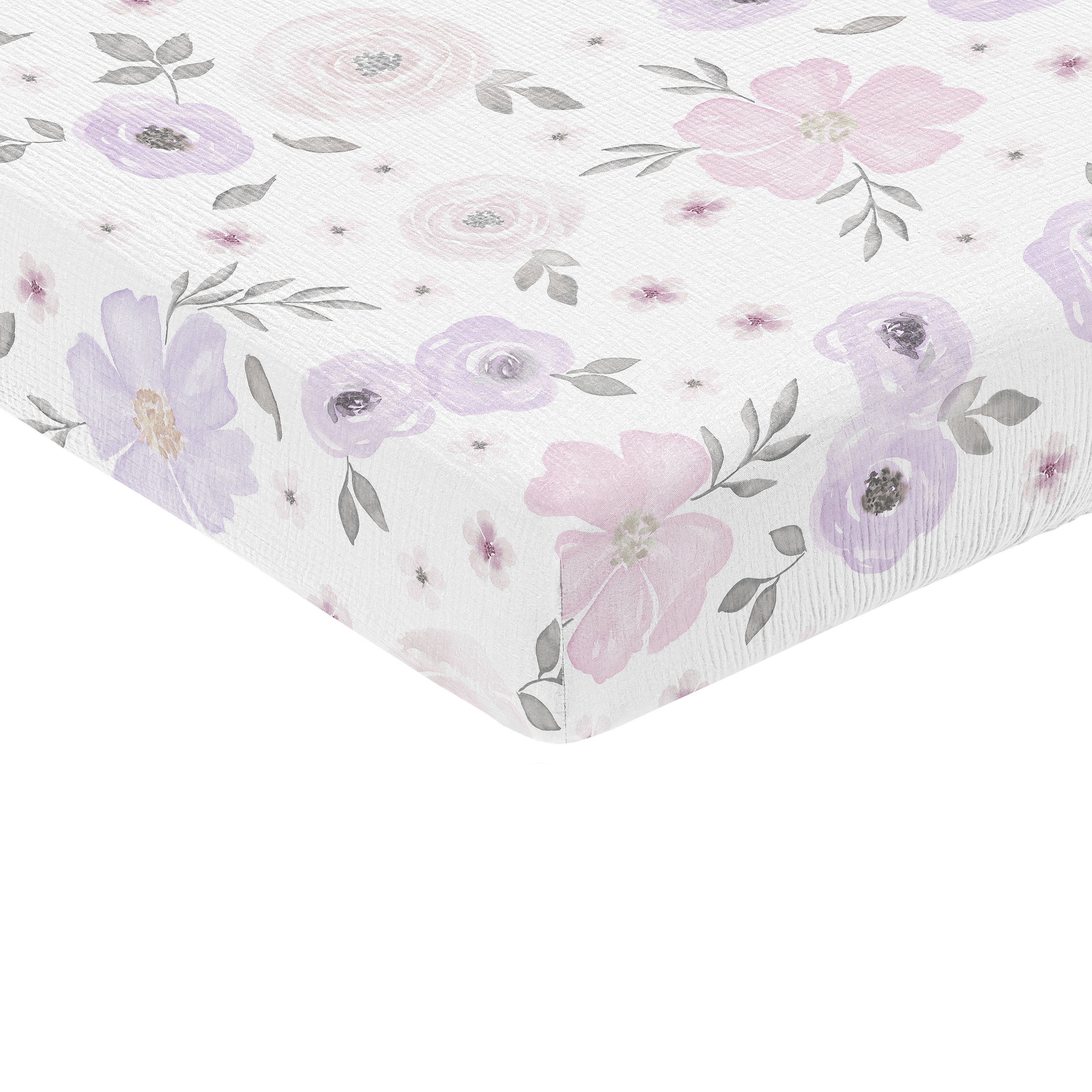 Sweet Jojo Designs Watercolor Floral Lavender And Grey Girl 100% Cotton Muslin Fitted Crib Sheet