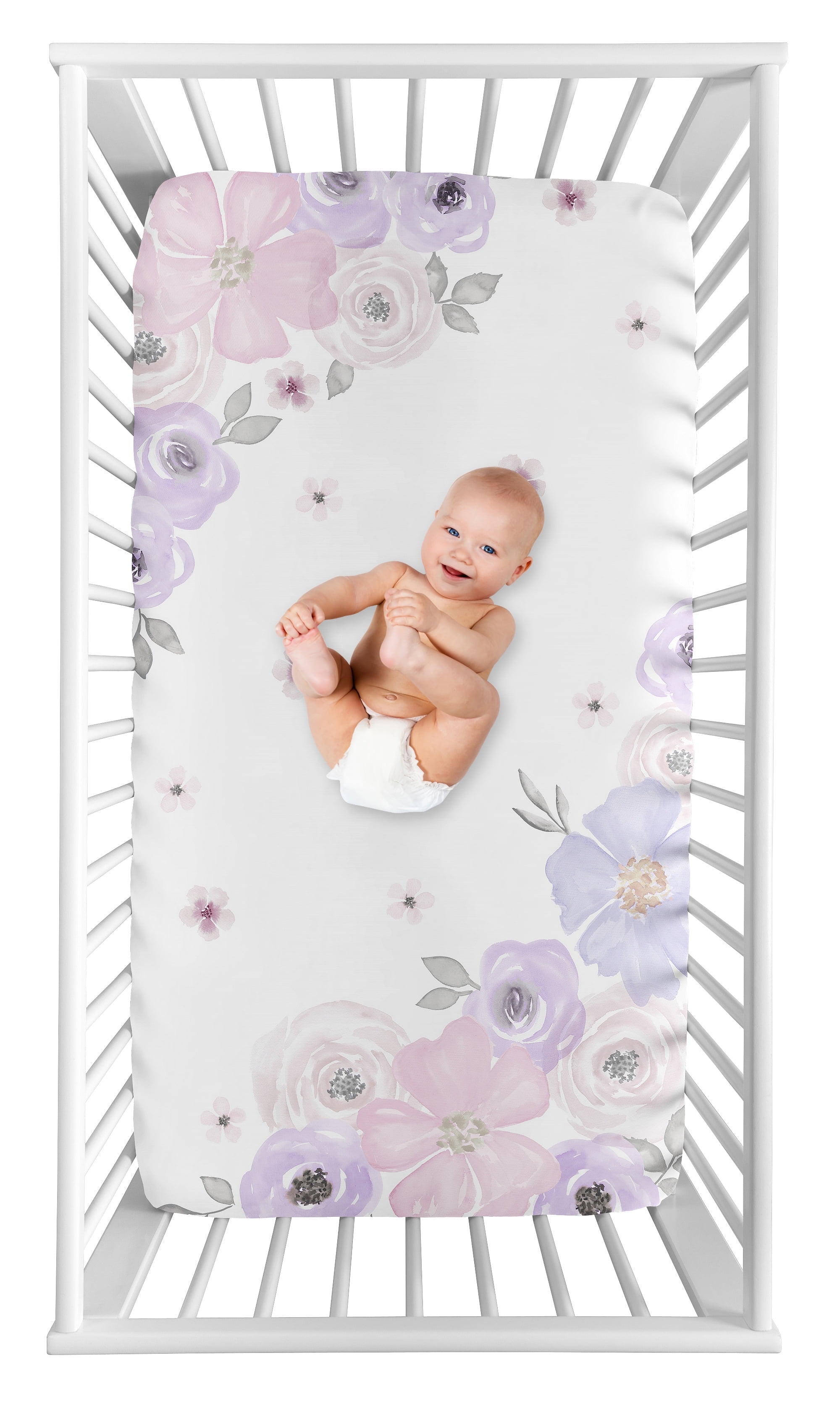 Sweet Jojo Designs Watercolor Floral Lavender Purple Grey and White Photo Op Fitted Crib Sheet