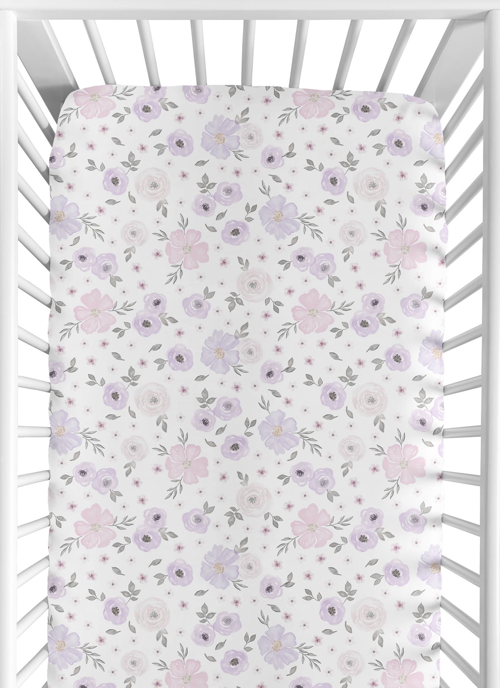 Sweet Jojo Designs Watercolor Floral Lavender Purple Pink and Grey Jersey Knit Fitted Crib Sheet