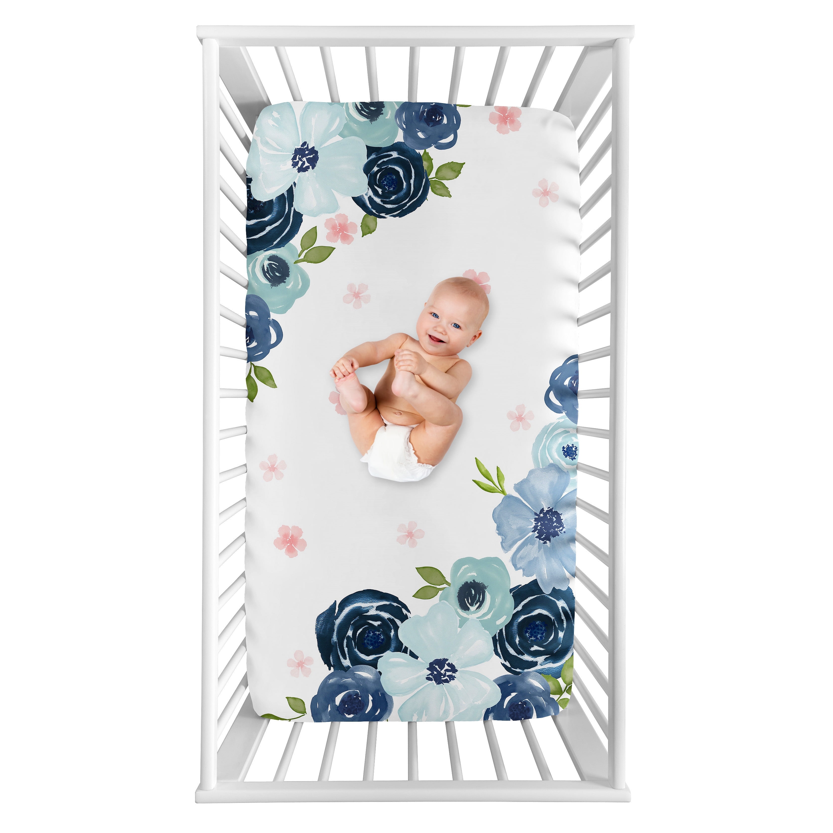 Sweet Jojo Designs Watercolor Floral Navy Blue Pink and White Photo Op Fitted Crib Sheet