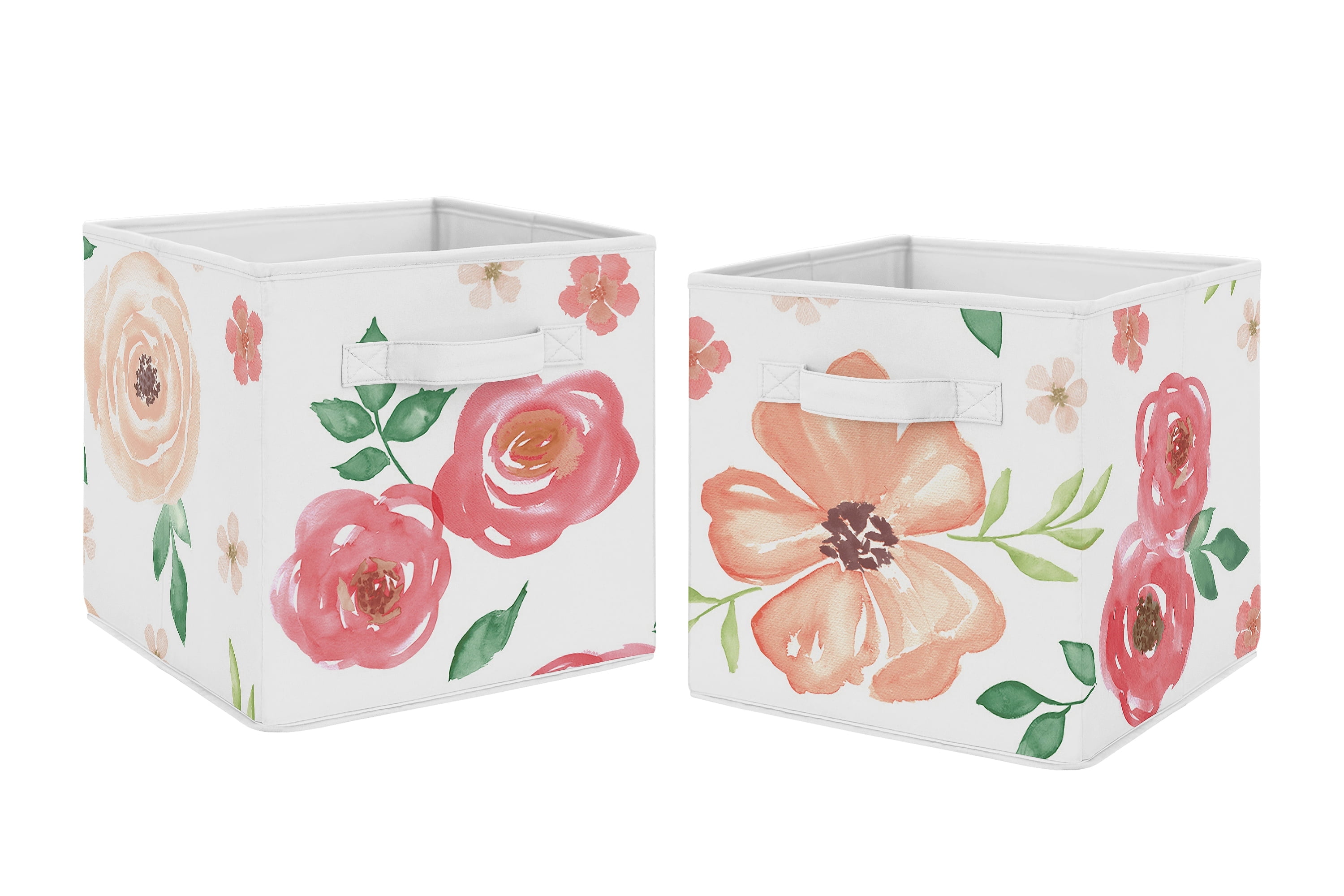 Sweet Jojo Designs Pink & Green Boho Watercolor Storage Bins – Set Of 2 Fabric Organizer Cubes