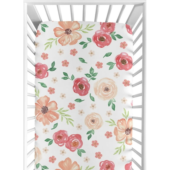 Sweet Jojo Designs Watercolor Floral Peach and Green Fitted Crib Sheet