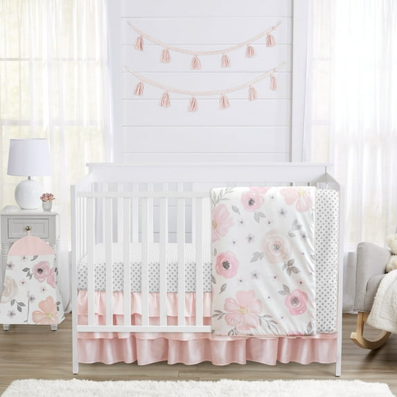 Sweet Jojo Designs Watercolor Floral Pink Grey White 4 Piece Crib Bedding Set