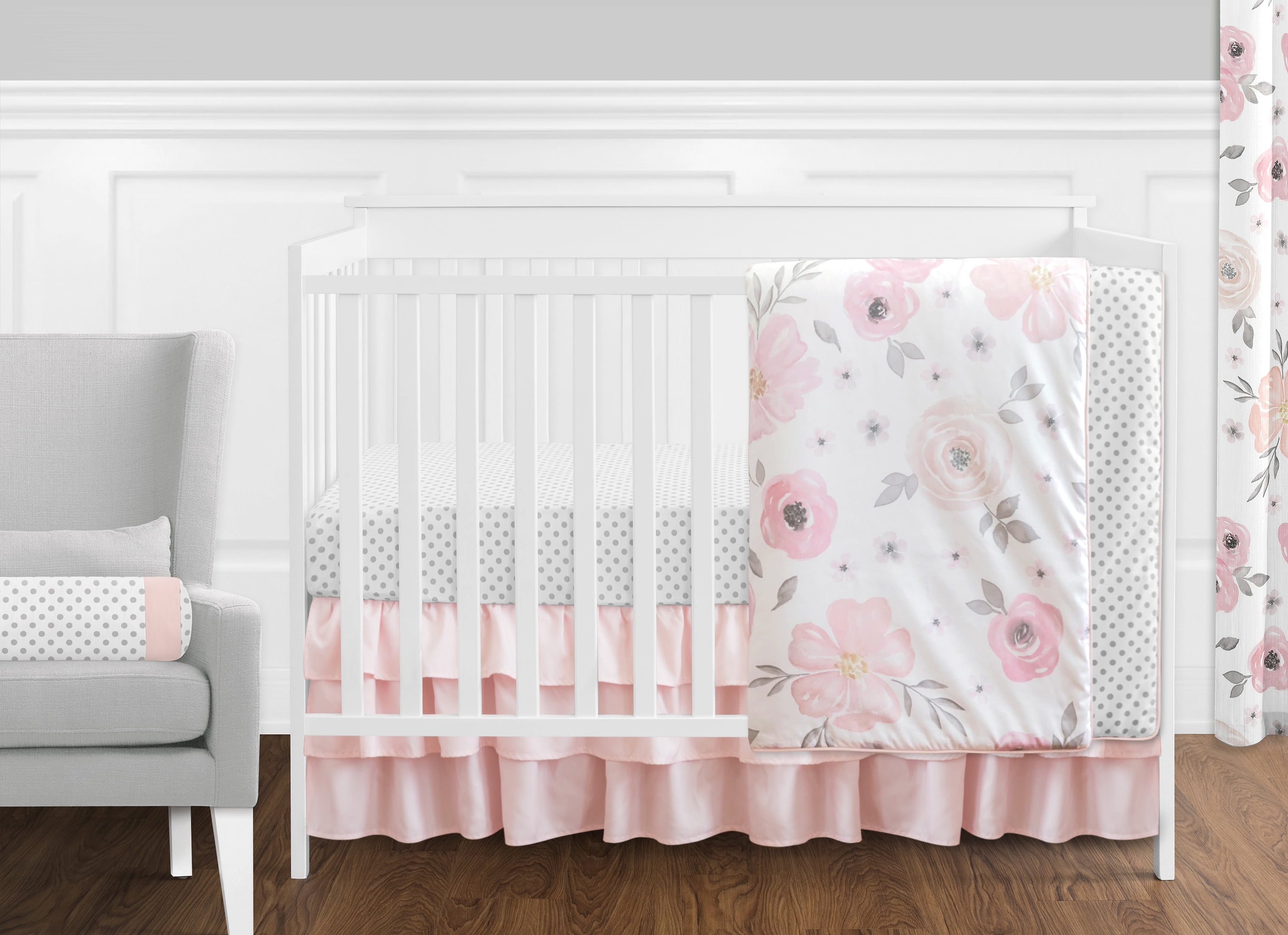 Sweet Jojo Designs Watercolor Floral Pink Grey and White 11 Piece Crib Bedding Set