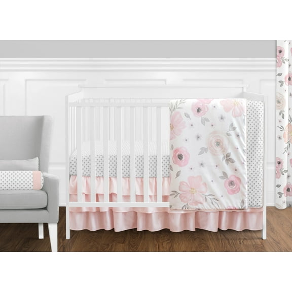 Sweet Jojo Designs Watercolor Floral Pink Grey and White 11 Piece Crib Bedding Set